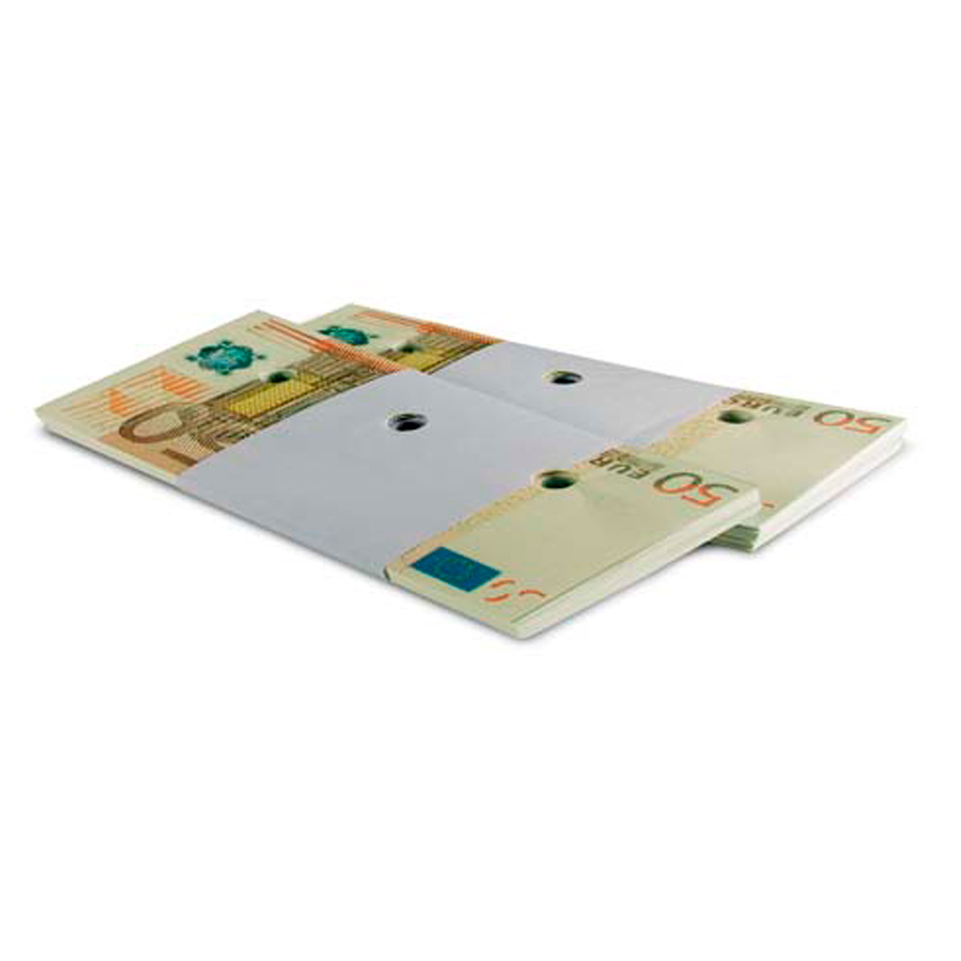 Zwei Bündel Banknoten liegen nebeneinander und zeigen jeweils mehrere ausgestanzte Rundlöcher zur Entwertung.