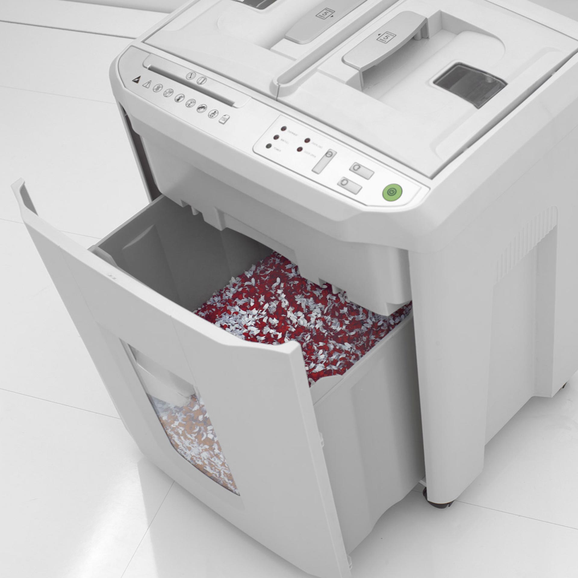 ideal aktenvernichter shredcat 8280 cc-ansicht auf den herausnehmbaren papierkorb