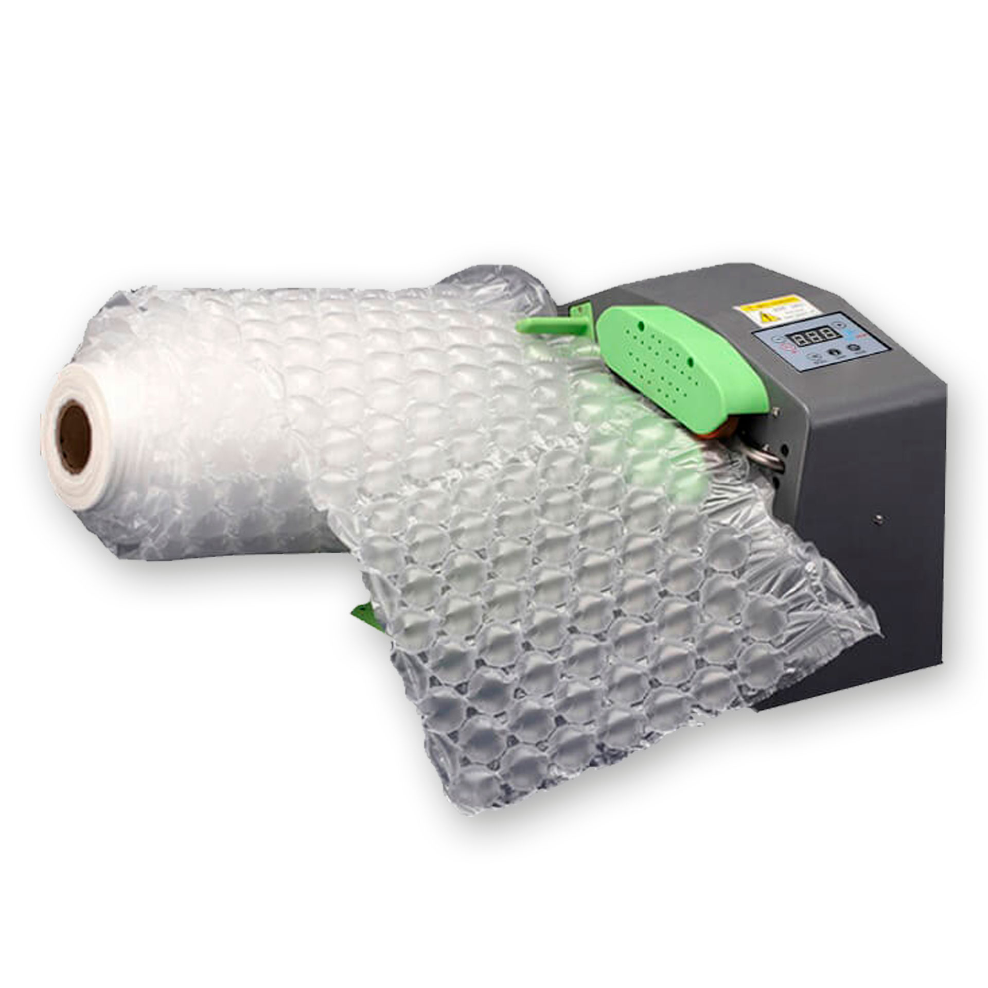 LMG Luftpolstermaschine AWPACK-004 mit runder Luftpolsterfolie LMG Luftpolstermaschine AWPACK-004 in Schrägansicht mit eingespannter Folienrolle und produzierter runder Luftpolsterfolie.
