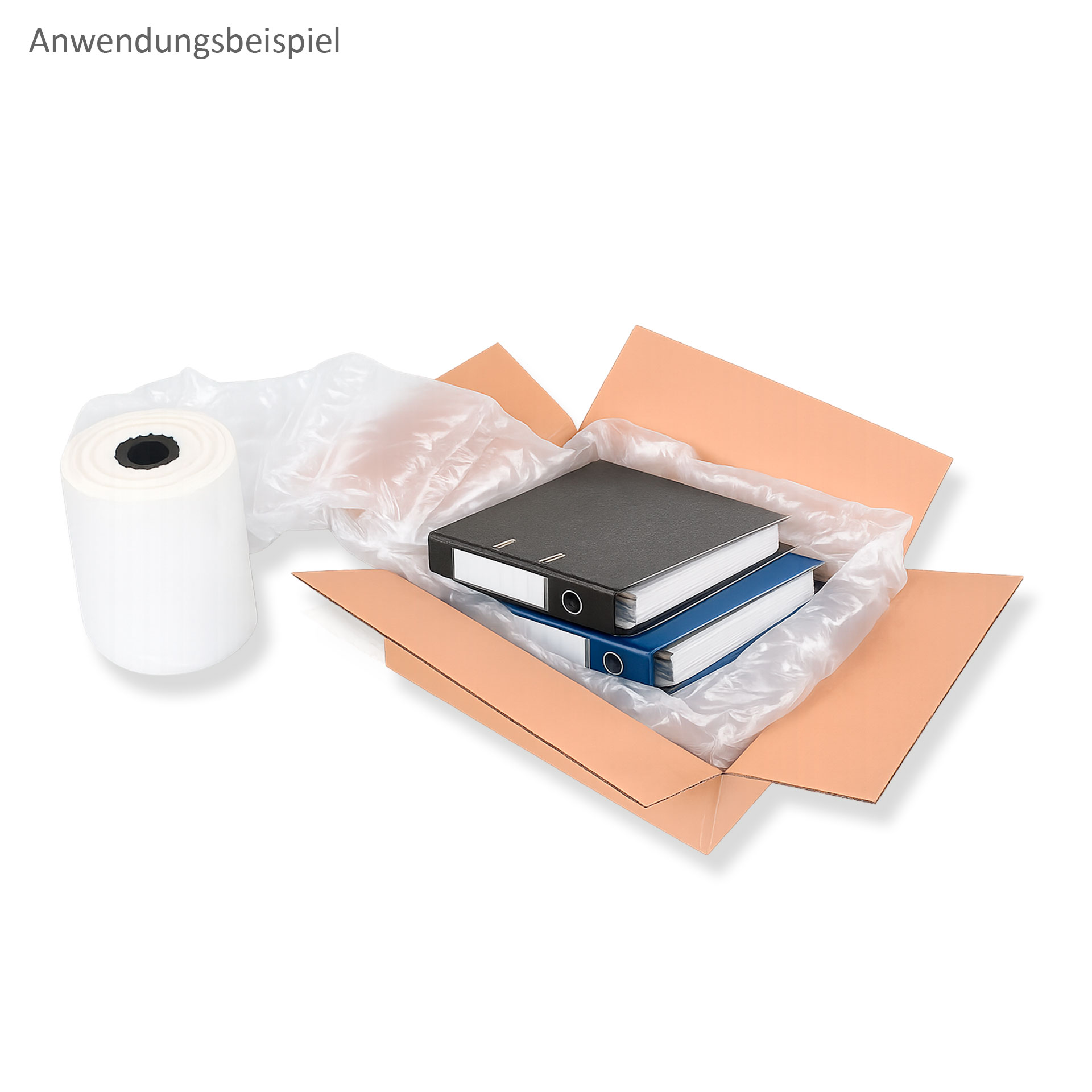 Anwendungsbeispiel mit einer Rolle Luftkissenfolie neben einem geöffneten Versandkarton. Im Karton liegen zwei Aktenordner, die mit aufgeblasenen Luftkissen als Polstermaterial geschützt sind.