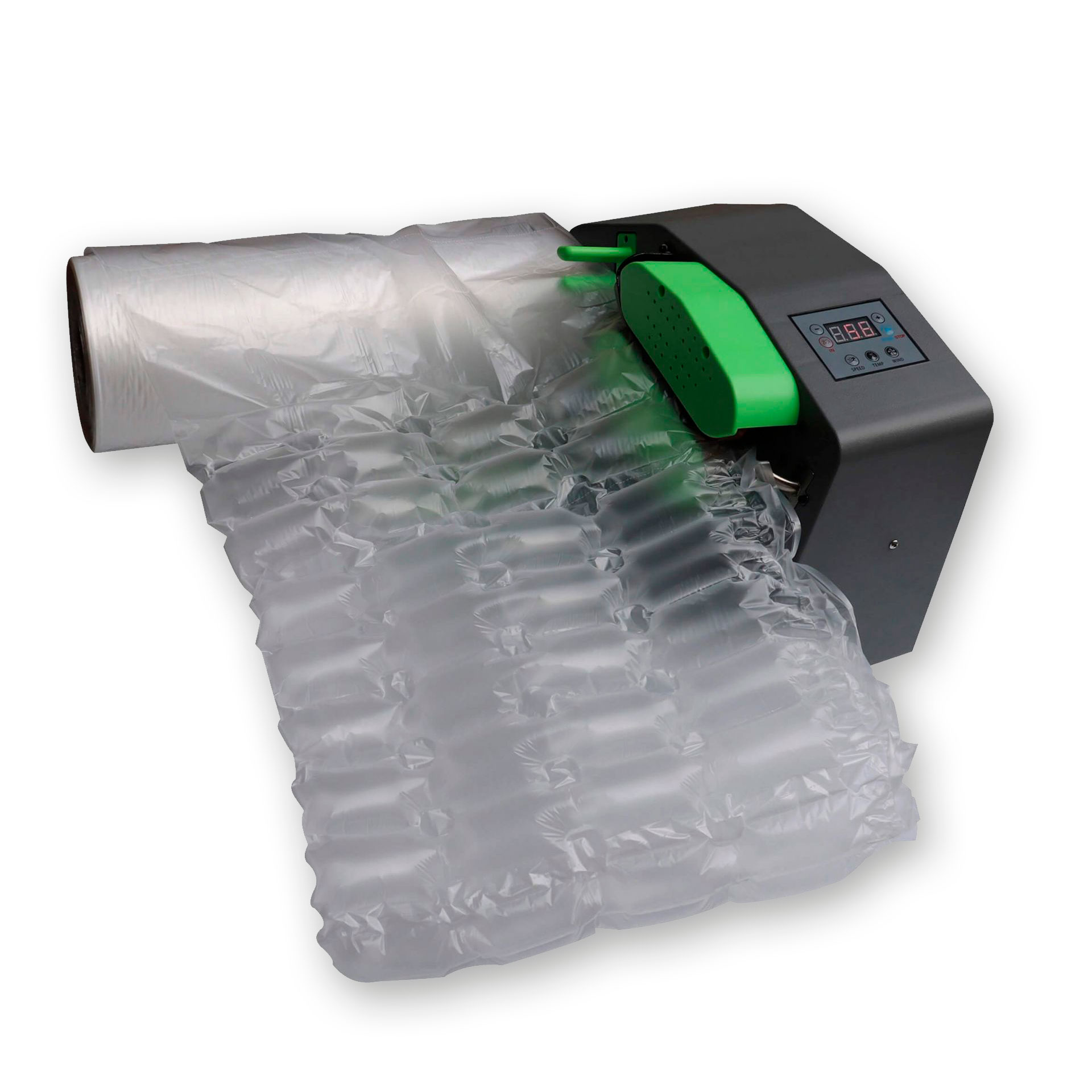 LMG Luftpolstermaschine AWPACK-004 in Schrägansicht mit eingespannter Folienrolle und produzierter eckiger Luftkissenfolie.