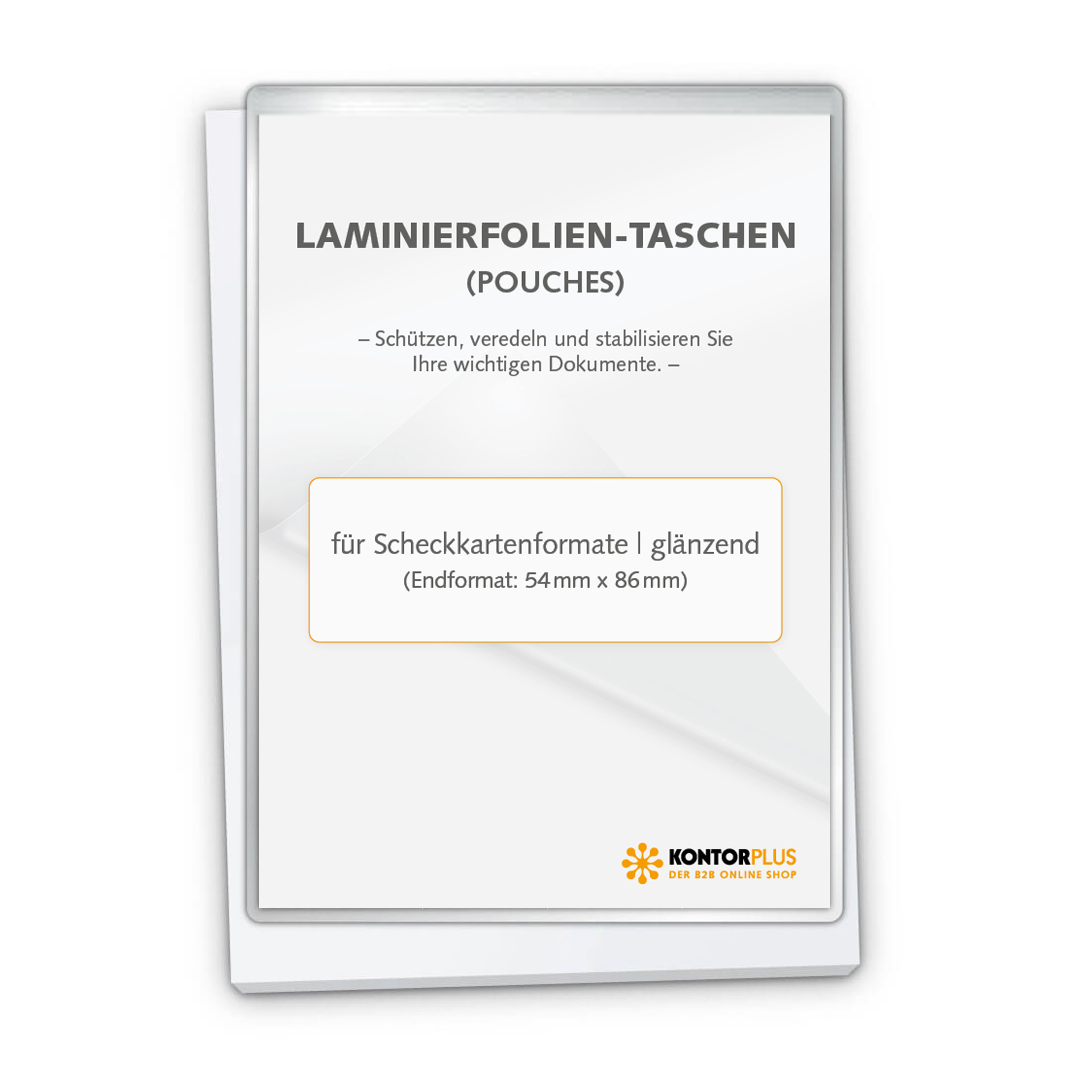 Laminierfolientaschen für Scheckkartenformate Produktgrafik mit übereinanderliegenden Laminierfolientaschen. Die vordere Tasche enthält ein Einlegeblatt mit der Aufschrift „Laminierfolien-Taschen (Pouches)“, „für Scheckkartenformate“, „glänzend“ und „Endformat: 54 mm x 86 mm