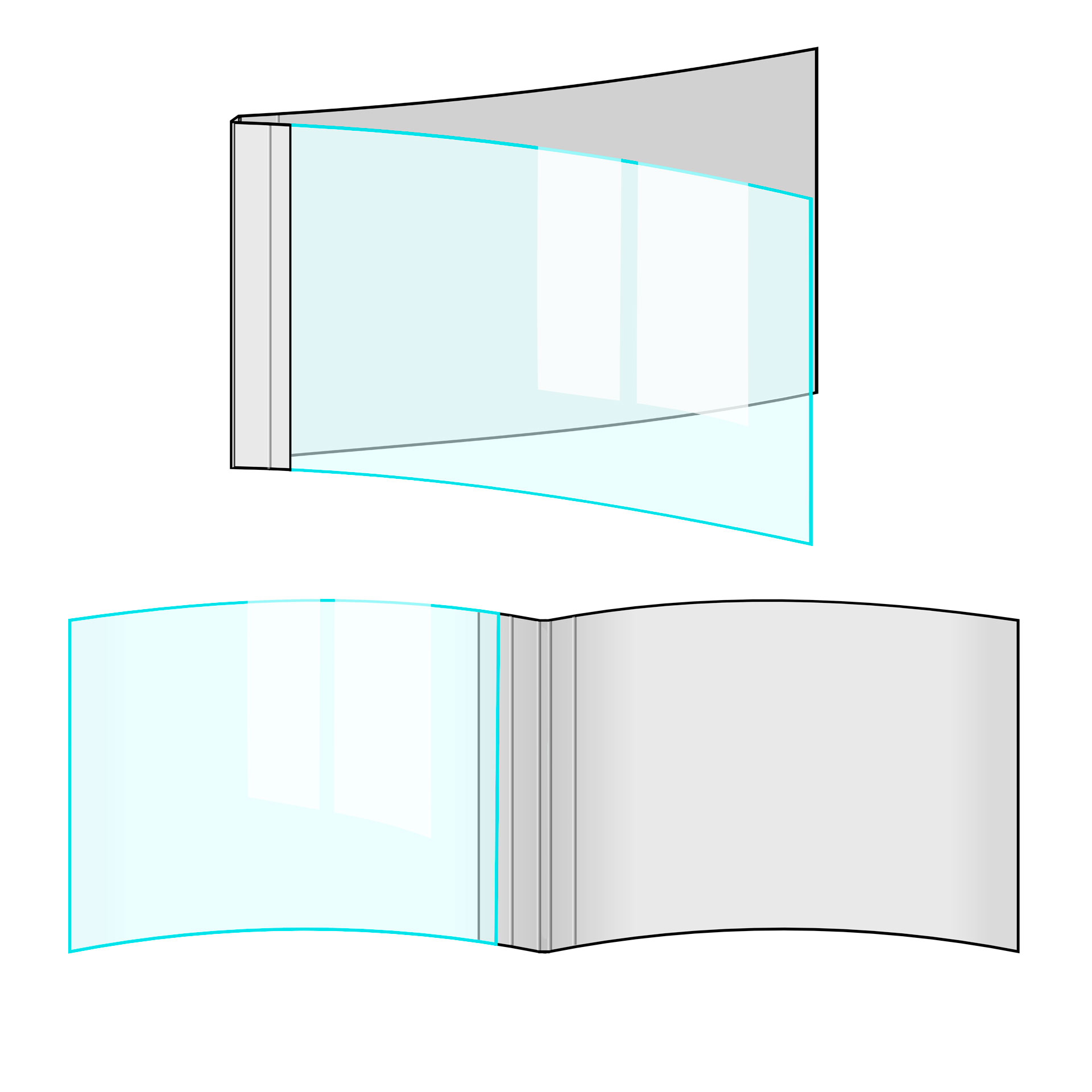 Grafik: Ösenmappen A4 quer - Beispiel ungeöste Ösmappe mit Folien-Cover (kristallklar) im Querformat (Ansicht außen/innen).