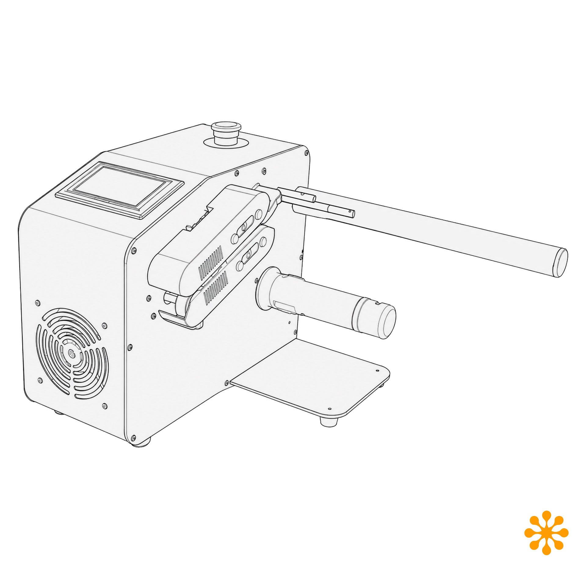 Technische Zeichnung der LMG Luftpolstermaschine Technische Strichzeichnung der LMG Luftpolstermaschine in perspektivischer Ansicht mit Touchscreen, Rollenaufnahme und Standfuß.