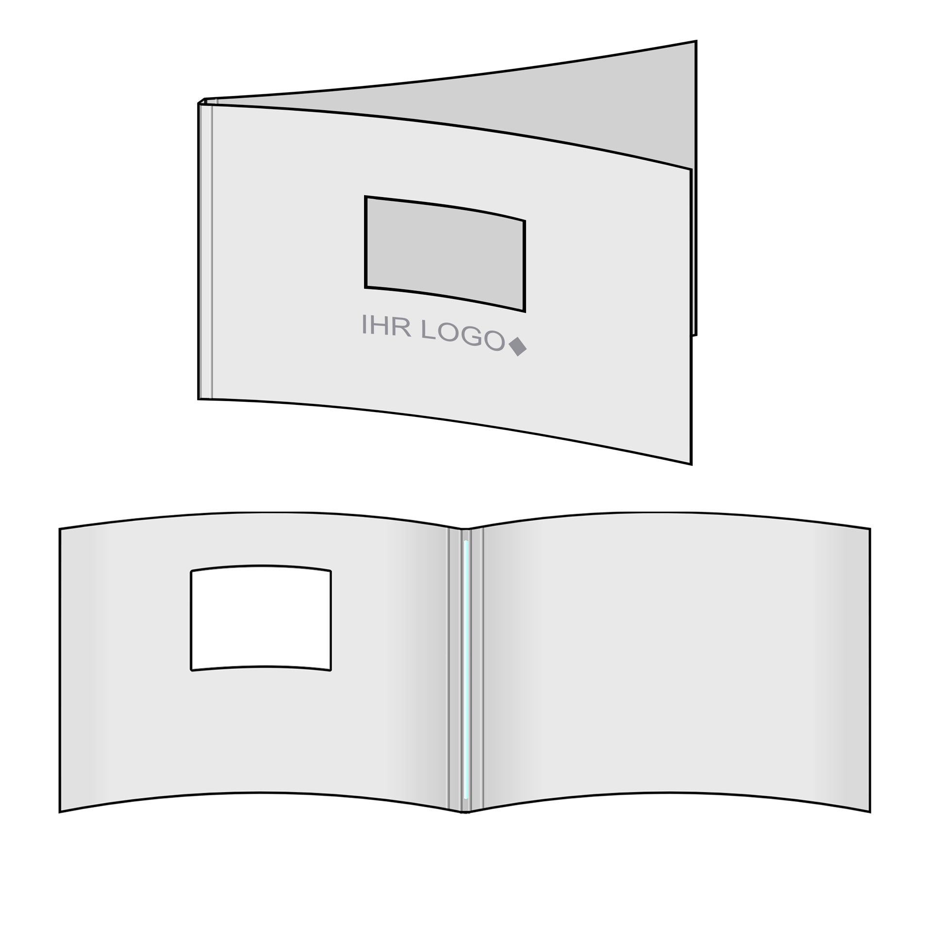 Thermobindemappe A4 quer - Beispiel einer Vollkartonmappe mit Fenster und Logo (außen/innen), Thermobindemappen im Querformat mit Logo. Grafik: Thermobindemappe A4 quer - Beispiel einer Vollkartonmappe mit Fenster und Logo (außen/innen), Thermobindemappen im Querformat mit Logo.