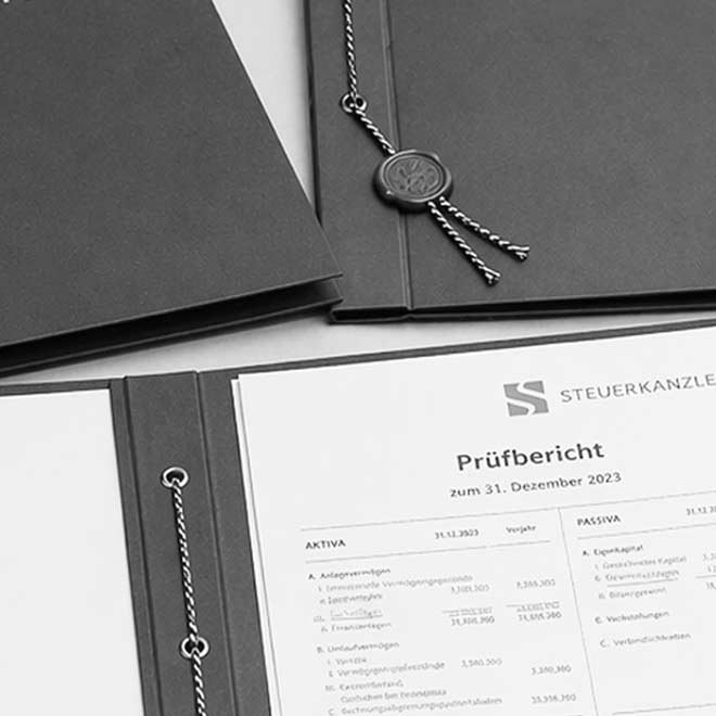 Ansicht von Berichtsmappen & Bilanzmappen mit einem Prüfbericht.