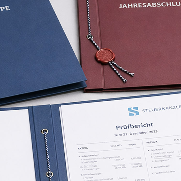 Berichtsmappen & Bilanzmappe mit Prüfbericht. Ansicht von Berichtsmappen & Bilanzmappen mit einem Prüfbericht.
