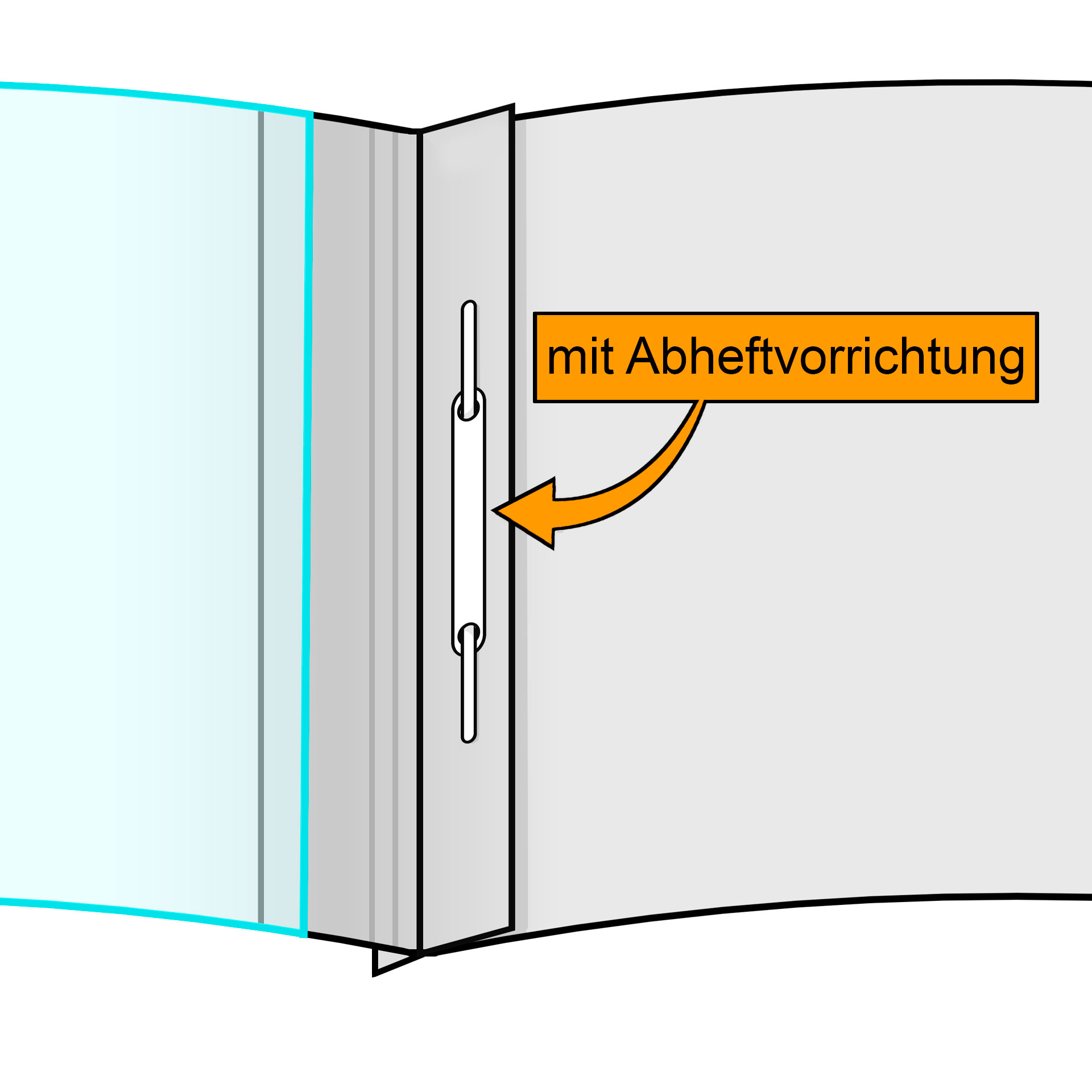 Grafik/Detailansicht: Ansicht innen von Präsentationsmappe, Bindemappe & Vertragsmappe mit Abheftvorrrichtung und mit mattem Folien-Cover.