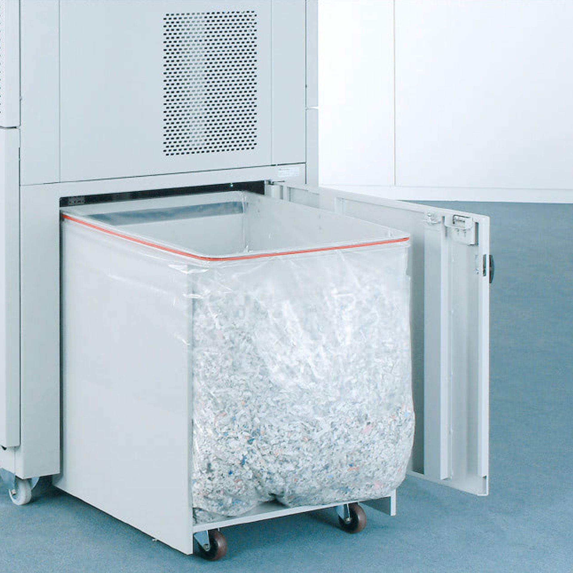 ideal 5009-2 cc_5009-3 cc grossmengen-aktenvernichter-ansicht des schnittgutwagens mit plastik-aufhaengevorrichtung