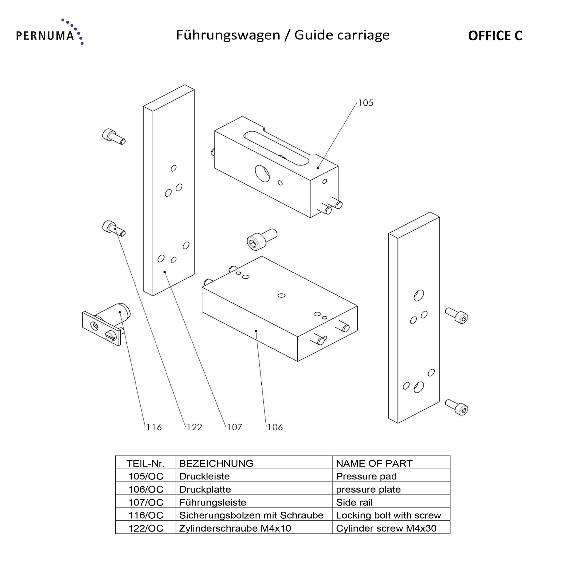 Explosionszeichnung des Führungswagens der PERNUMA OFFICE C mit Druckleiste, Druckplatte, Führungsleisten, Sicherungsbolzen und Schrauben.