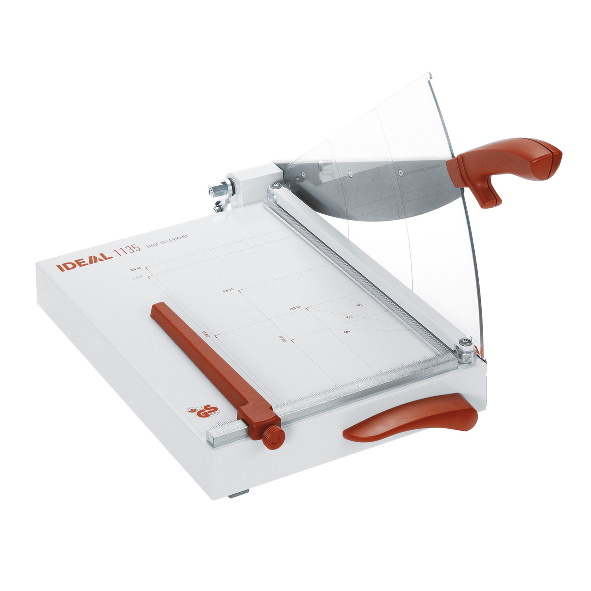 ideal 1135 hebelschneider-ansicht ideal 1135 hebelschneider- ansicht der klinge mit erhobener handhabung,rueckanschlag und skala, automatische papierpressung