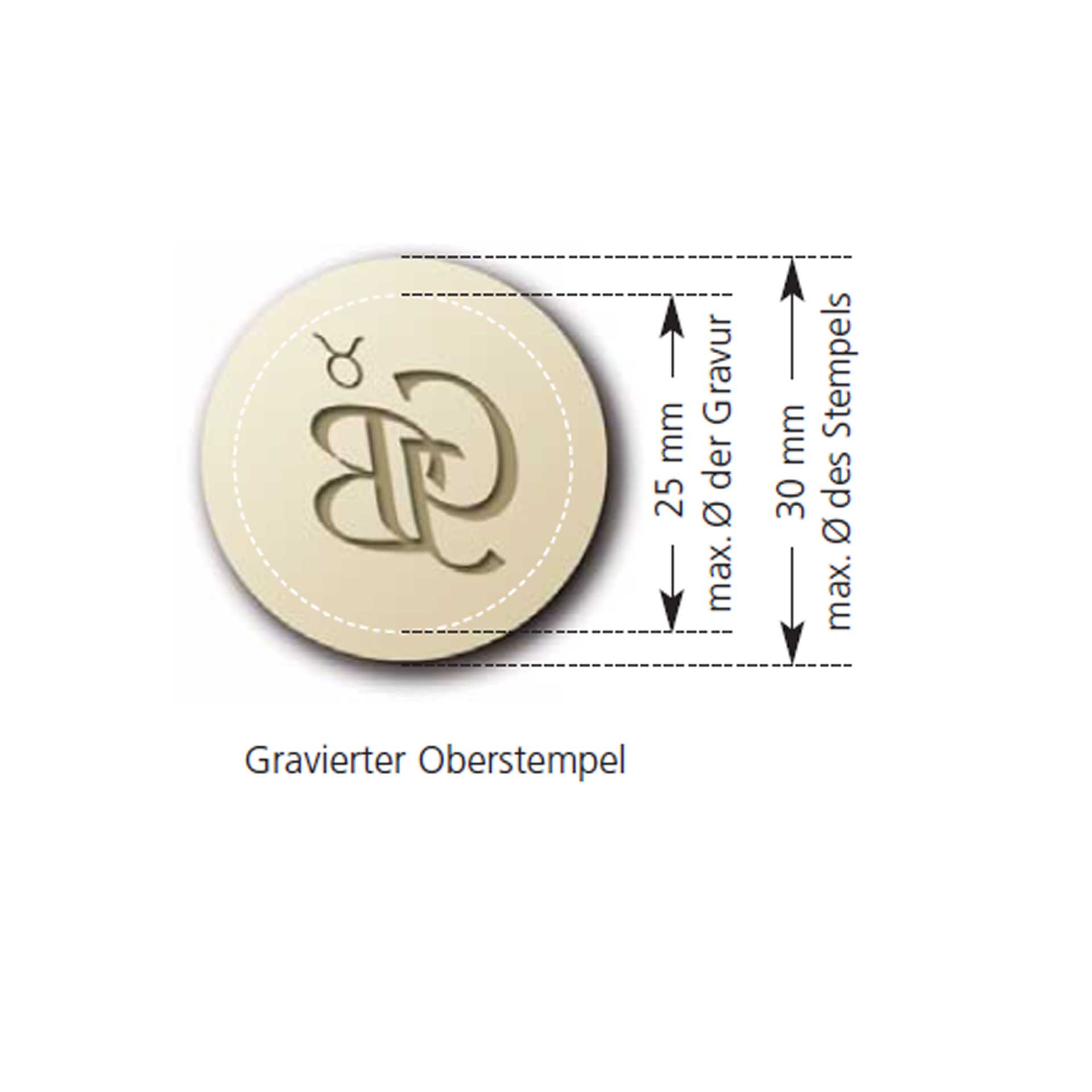Gravierter Oberstempel Beispiel mit Maßangaben Beispiel eines gravierten runden Oberstempels mit Monogrammprägung und Maßangaben zum maximalen Durchmesser der Gravur (25 mm) und des Stempels (30 mm).