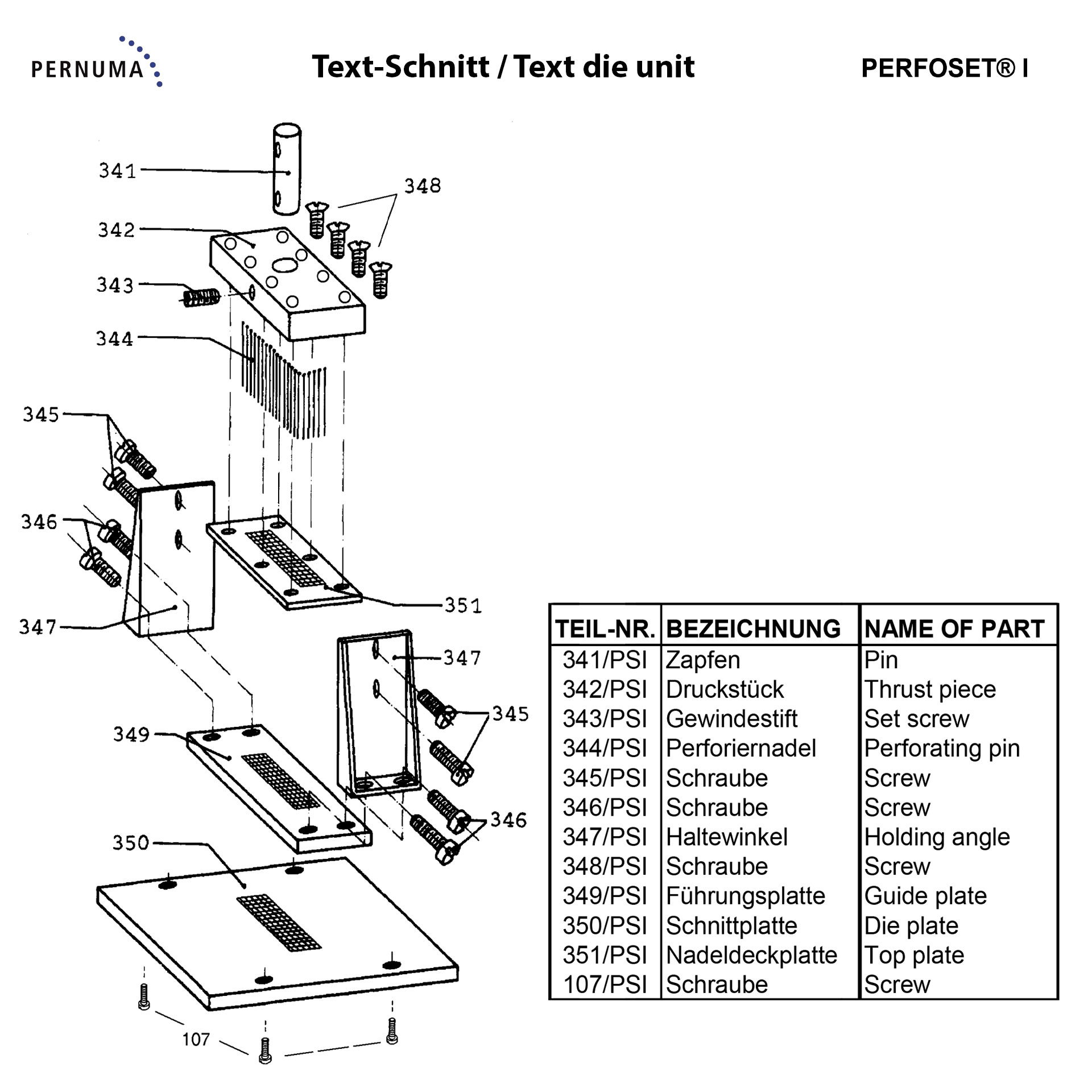 Explosionsdarstellung der Text-Schnitteinheit der PERNUMA PERFOSET I mit Druckstück, Perforiernadeln, Führungsplatten, Schnittplatte, Haltewinkeln und Schrauben.