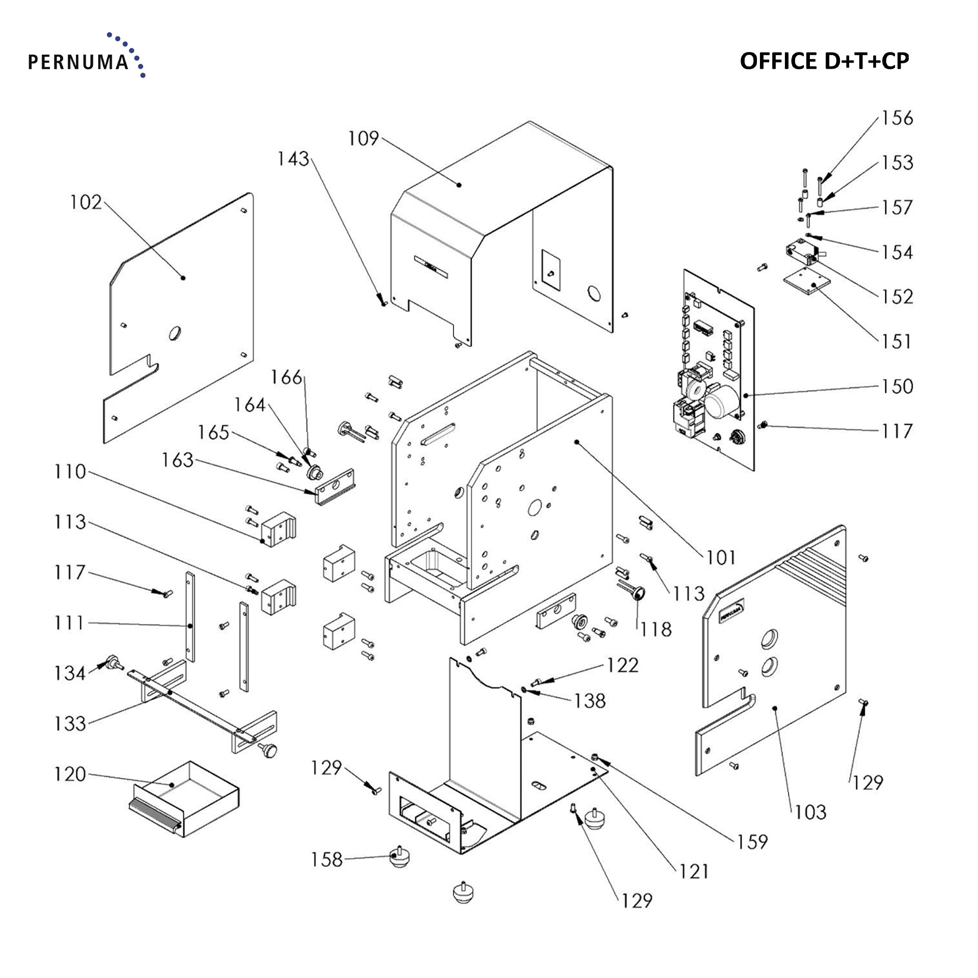 Technische Gesamtansicht der PERNUMA OFFICE D+T+CP in Linienzeichnung mit geschlossener Verkleidung, integrierter Schneid- und Perforiereinheit sowie Front- und Seitenkonturen.