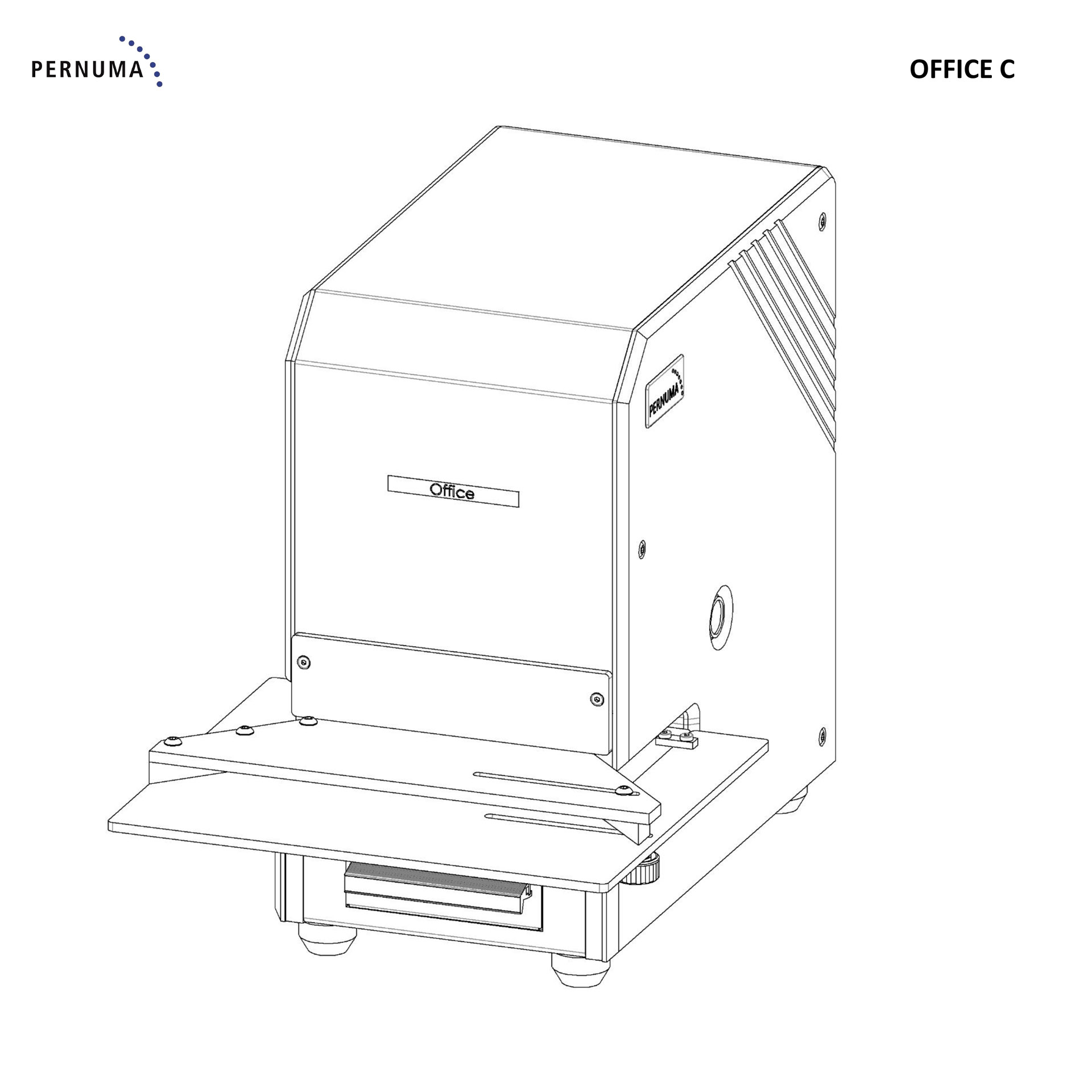 Explosionszeichnung der PERNUMA OFFICE C mit Übersicht aller Baugruppen und Ersatzteile inklusive Gehäuse, Elektronik, Antrieb, Führung und Schneideinheit mit Positionsnummern.