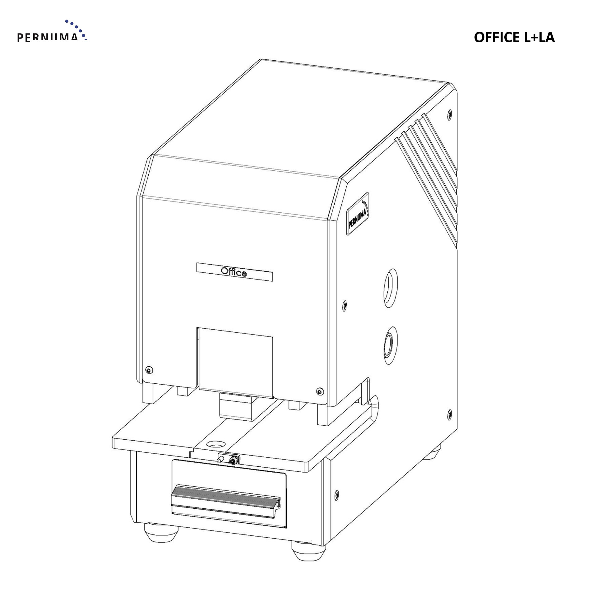 Ersatzteilübersicht PERNUMA OFFICE L+LA Explosionsdarstellung der PERNUMA OFFICE L+LA mit vollständiger Aufschlüsselung aller Baugruppen inklusive Gehäuse, Antrieb, Elektronik und Lochstanze.