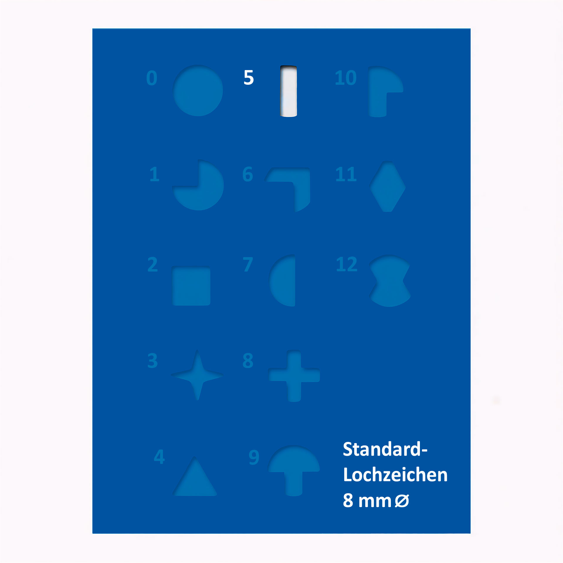 Lochzeichen Nr. 5 Schlitz Übersichtstafel mit verschiedenen 8-mm-Lochzeichen; hervorgehoben ist das Symbol Nr. 5 als länglicher Schlitz.