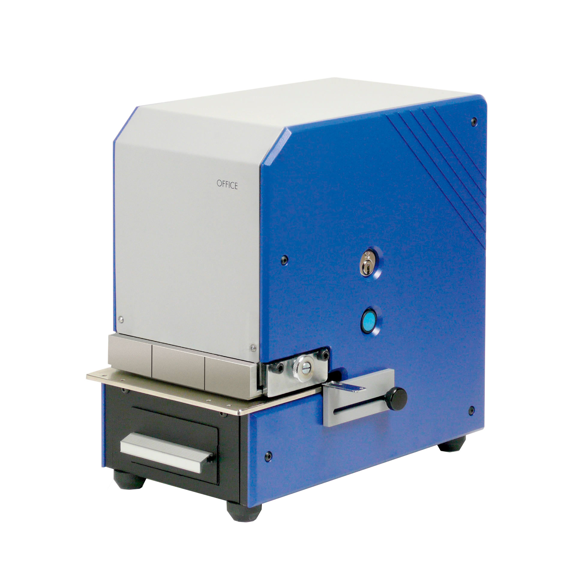 PERNUMA OFFICE T Perforiermaschine Seitenansicht Elektrische Perforiermaschine PERNUMA OFFICE T in blau-grau, seitliche Ansicht mit Einfuhrschlitz, Bedienknopf und Gehäuse auf Standfüßen