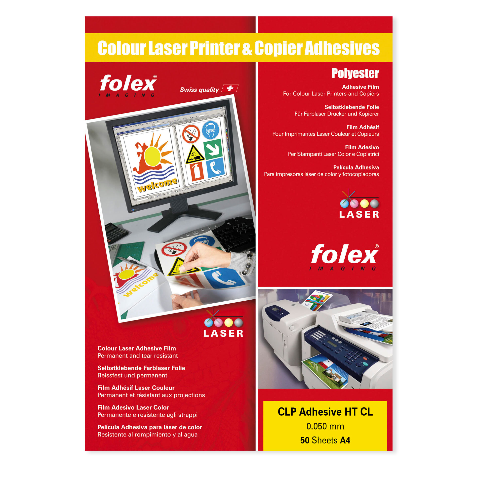 Folex Polyesterfolie Rote Folex-Verpackung für selbstklebende Polyesterfolie für Farblaserdrucker und Kopierer, DIN A3, glänzend, 50 µm