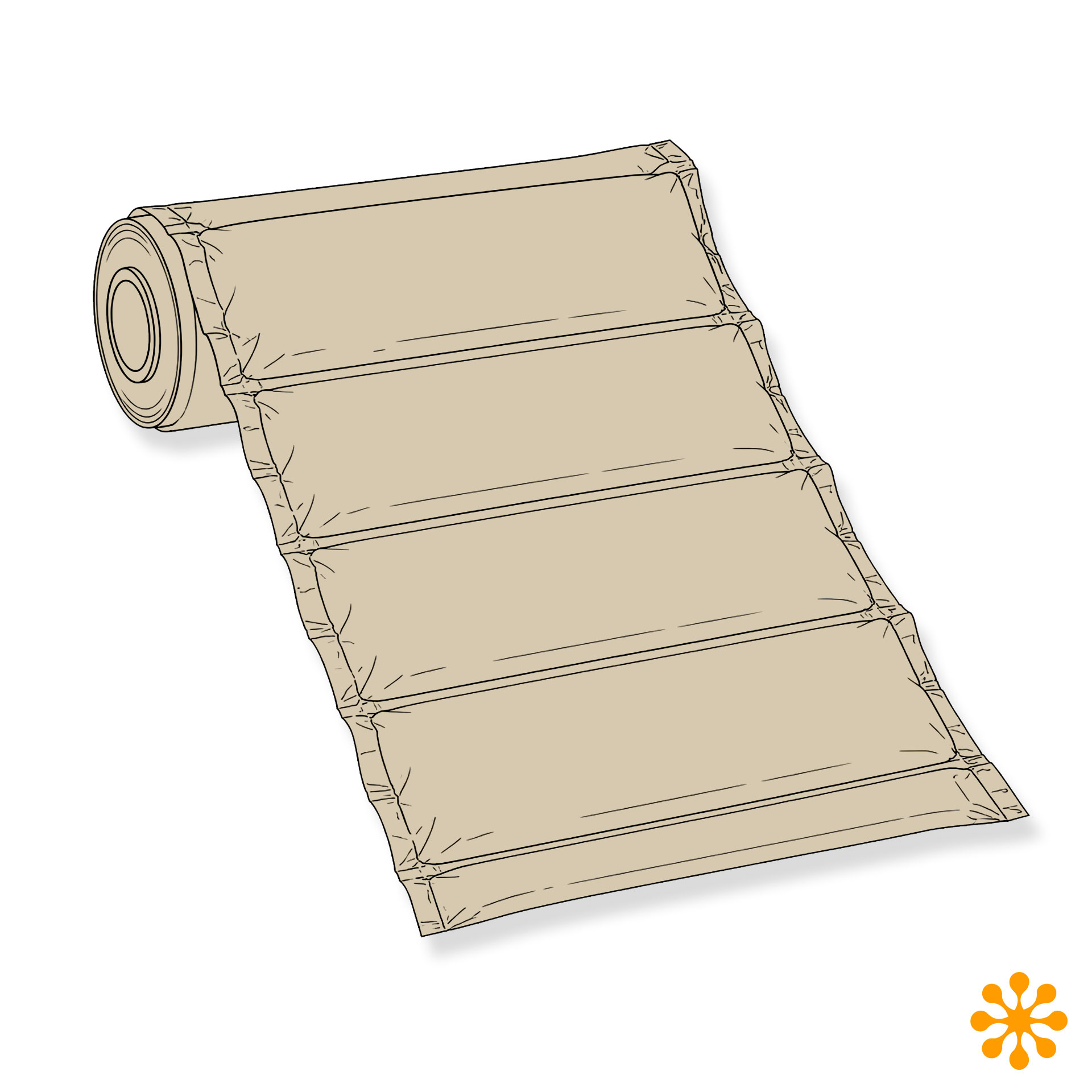 Grafik der Luftkissenfolie aus Recyclingpapier Grafische Darstellung einer Rolle Luftkissenfolie aus Recyclingpapier mit bereits geformten, eckigen Luftkissen.