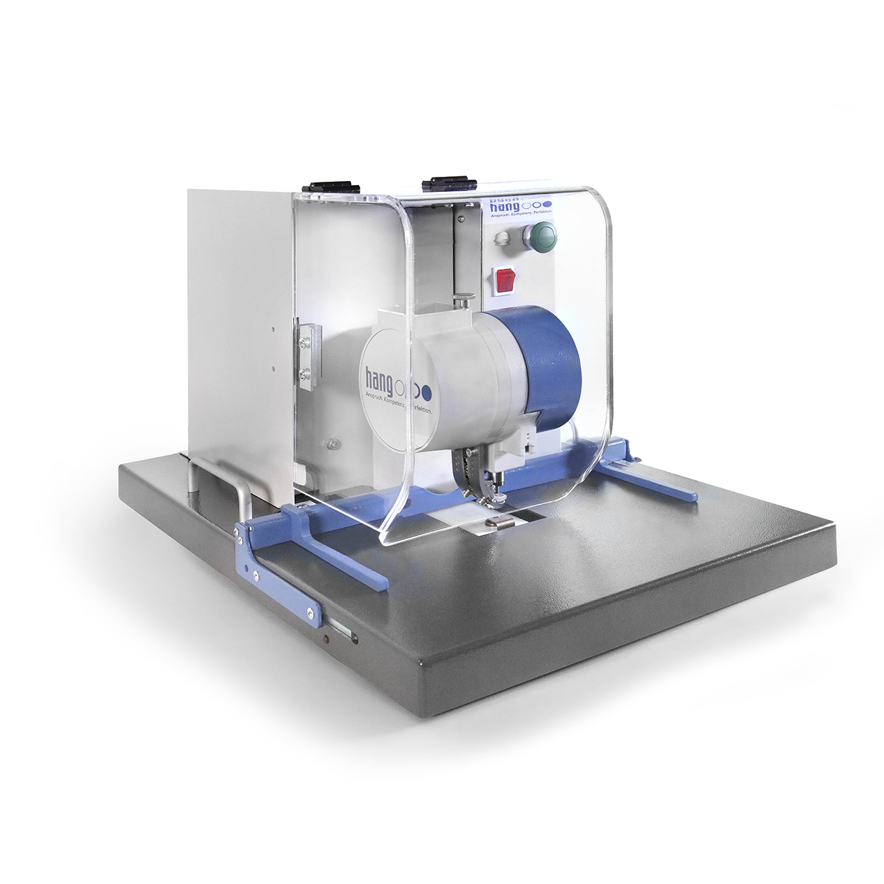 Ösmaschine Hang PiccoStar 102-50 HANG PiccoStar Modell 102-50 in schräger Vorderansicht mit transparentem Schutzgehäuse, Bedienelementen, verstellbaren Anschlägen und grauer Grundplatte.