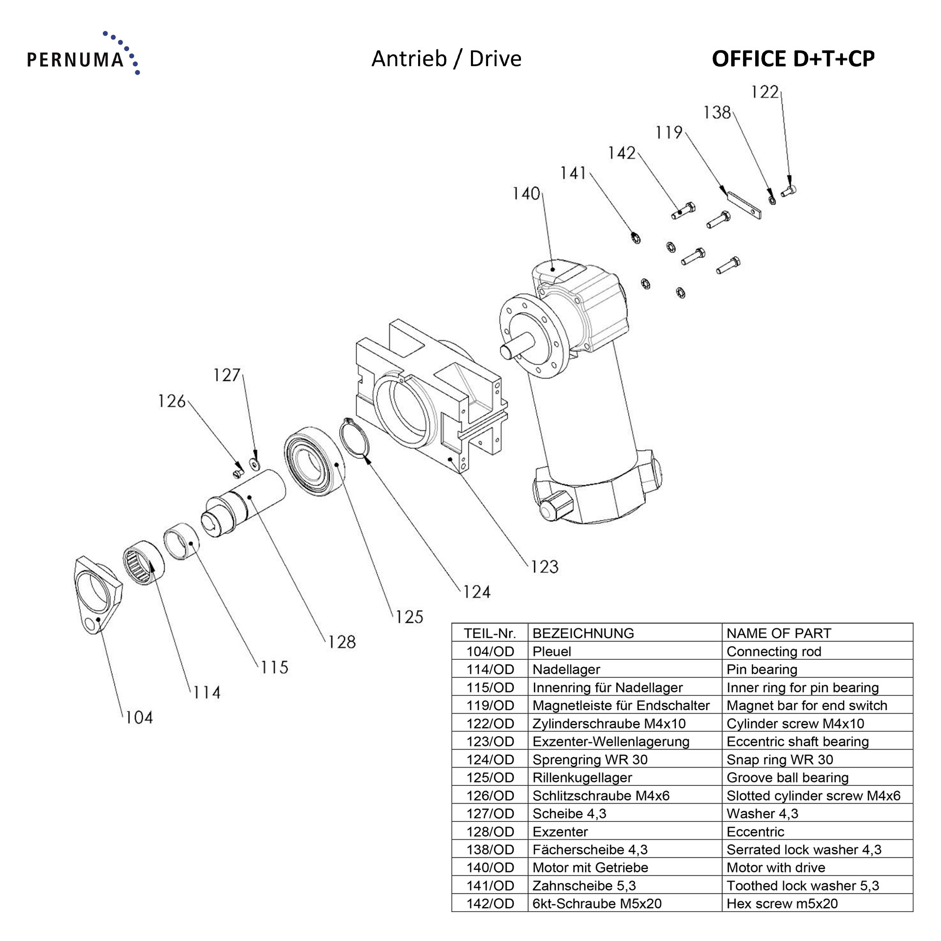 Antriebseinheit Ersatzteile PERNUMA OFFICE D+T+CP Explodierte Detailansicht des Antriebs der PERNUMA OFFICE D+T+CP mit Motor-Getriebeeinheit, Exzentermechanik, Lagerungen, Pleuel und zugehörigen Befestigungselementen.