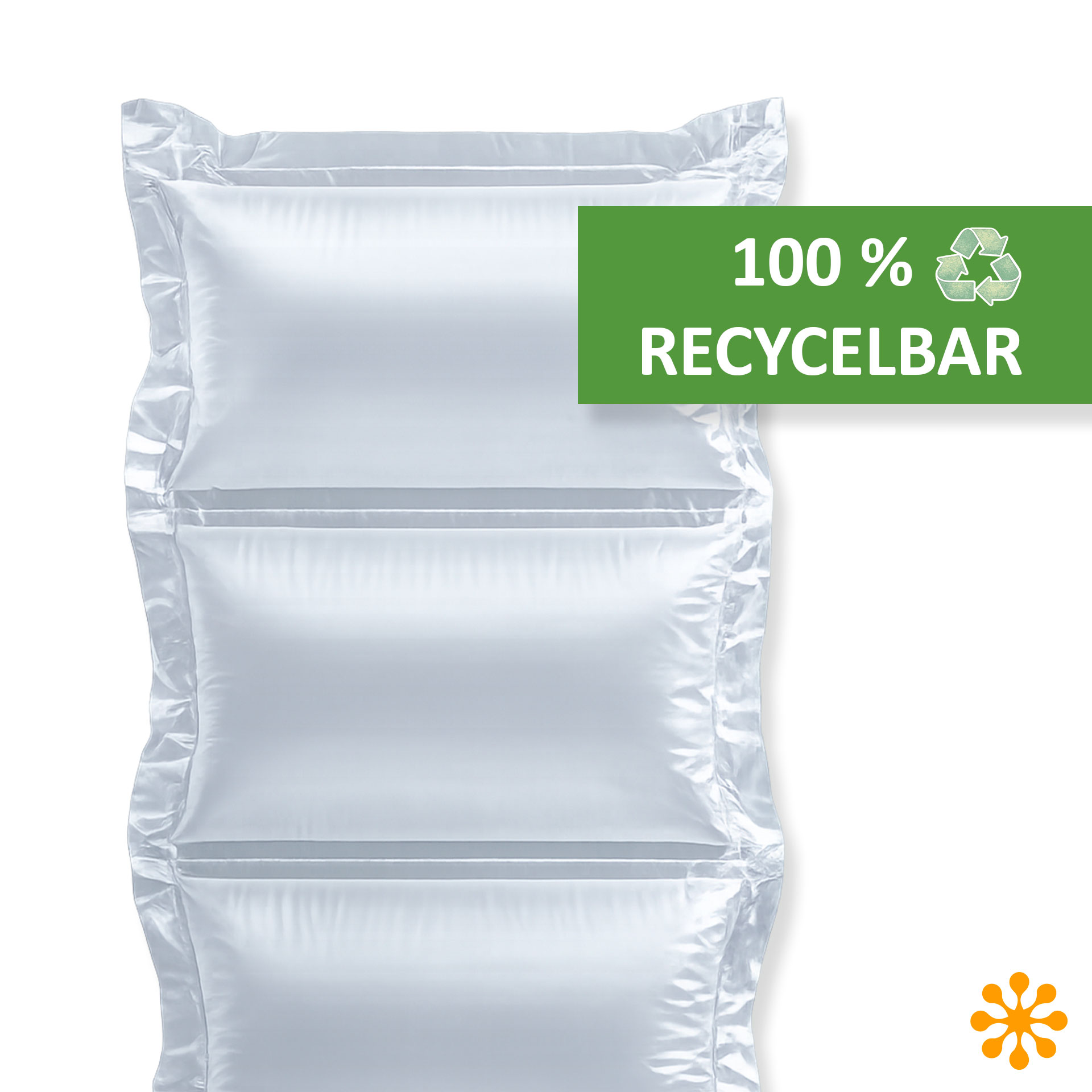 Frontansicht eines Streifens transparenter, aufgeblasener Luftkissen mit drei rechteckigen Luftkammern. Darüber befindet sich ein grünes Symbol mit der Aufschrift „100 % recycelbar“.