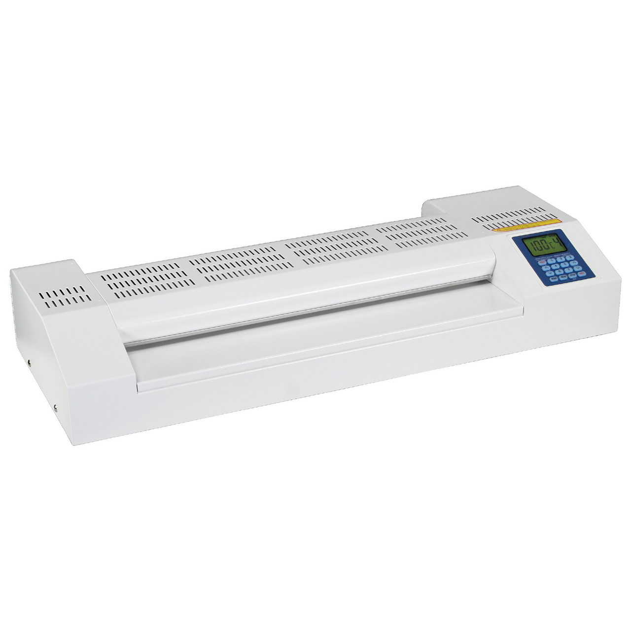 SKY-LAM 480 R6 – Schrägansicht Weißes SKY-LAM 480 R6 Laminiergerät in schräger Vorderansicht mit Lüftungsschlitzen, digitalem Display und Bedienfeld auf der rechten Seite.