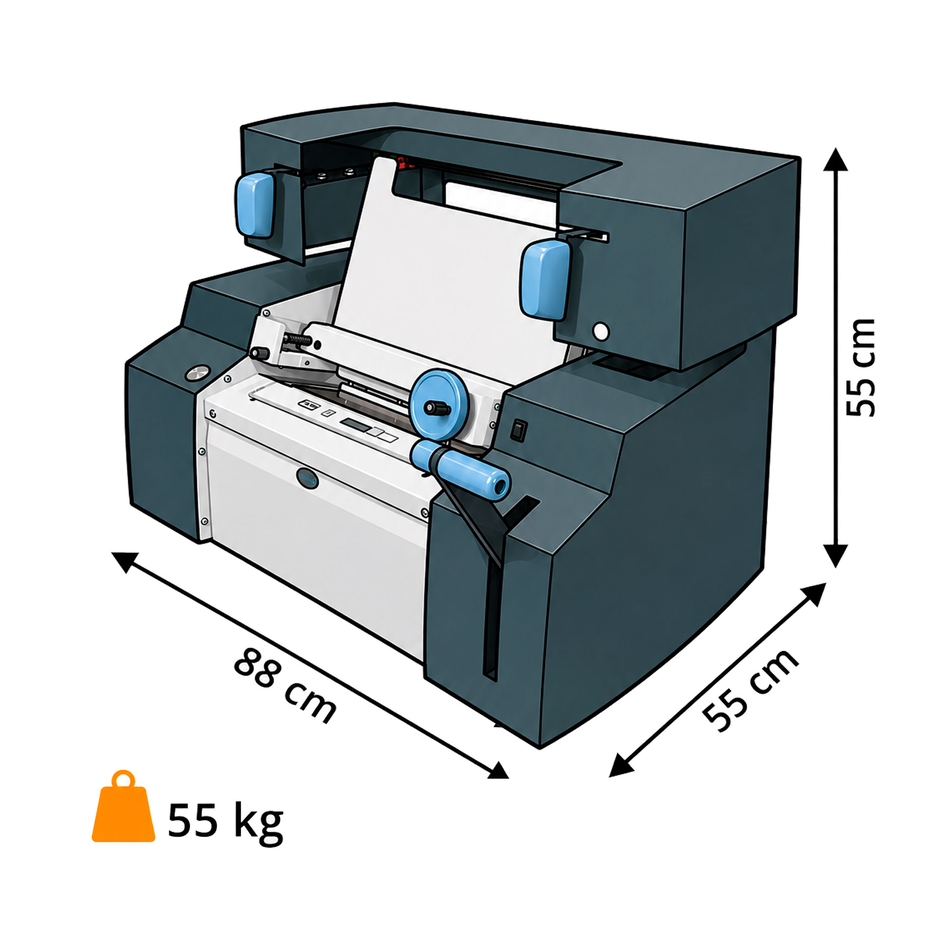 Maßgrafik des Fastbind ONE Handy: 88 cm breit, 55 cm tief, 55 cm hoch und 55 kg schwer