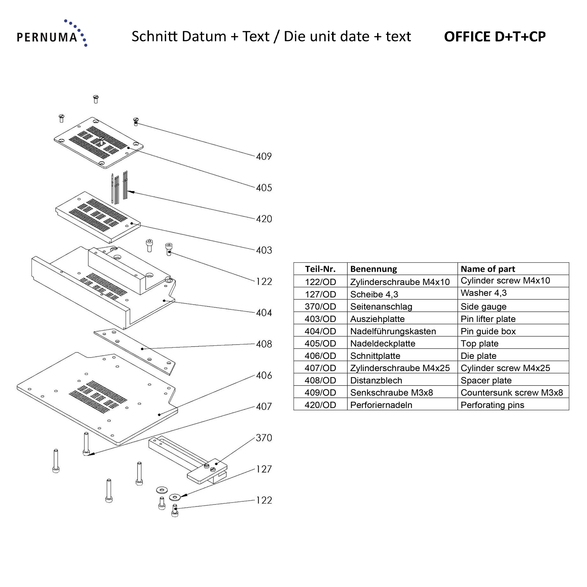 Explosionsdarstellung der Schneideinheit für Datum und Text der PERNUMA OFFICE D+T+CP mit Schnittplatte, Nadelführung, Ausziehplatte, Distanzblechen und Perforiernadeln.