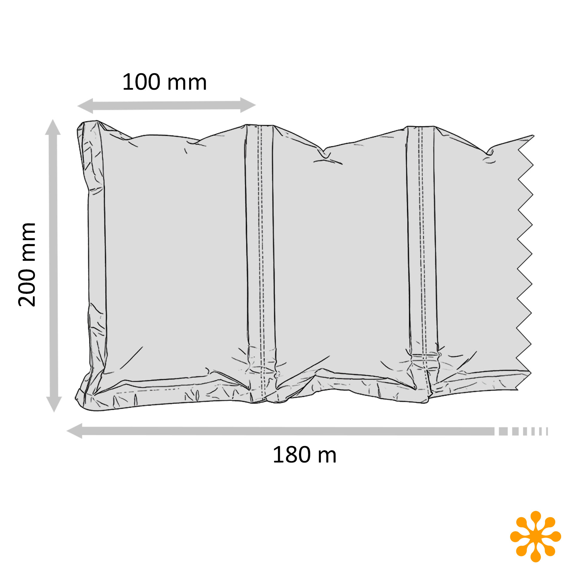 Maßgrafik Luftkissenfolie 200 × 100 mm Maßgrafik der Luftkissenfolie aus Recyclingpapier mit den Kissenabmessungen 200 × 100 mm sowie einer Rollenlänge von 180 m.