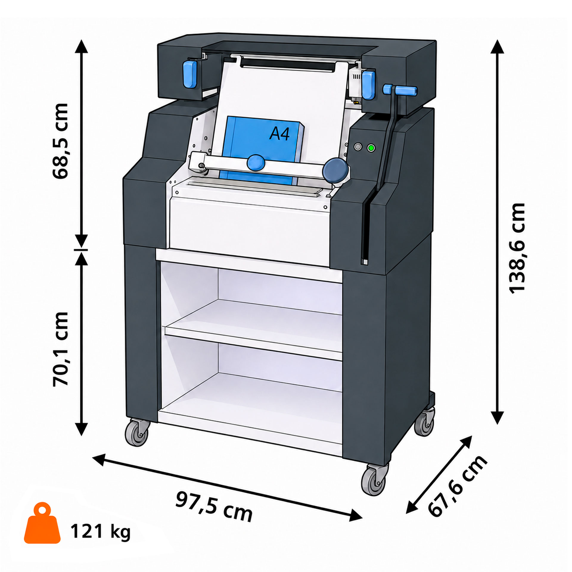 Maße des Fastbind ONE Handy XXL Maßgrafik des Fastbind ONE Handy XXL mit Untergestell: 97,5 cm breit, 67,9 cm tief, 138,6 cm hoch und 121 kg schwer