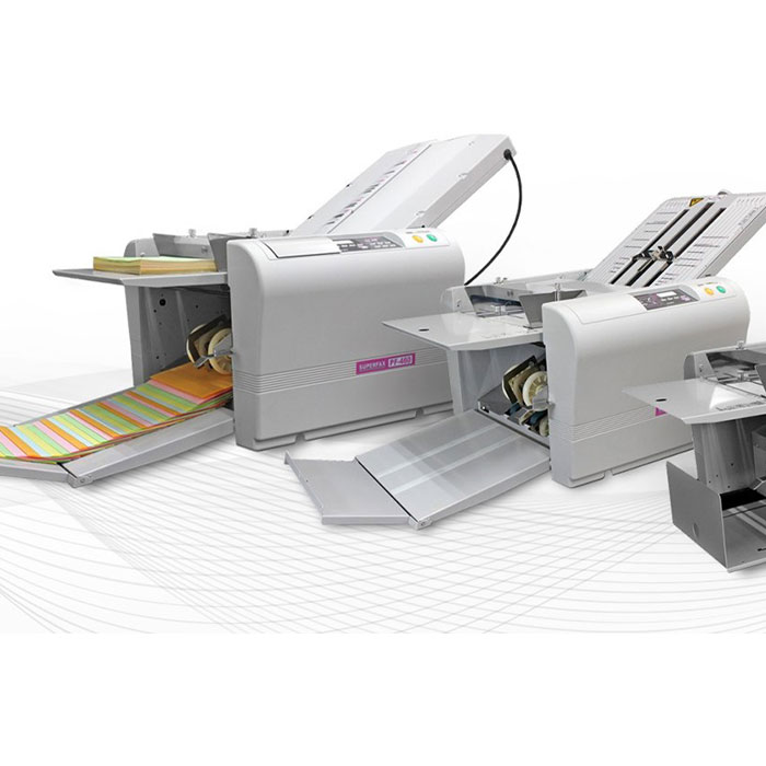 SUPERFAX Falzmaschine A4/A3 für Papier & Briefe Ansicht von drei Superfax Falzmaschinen