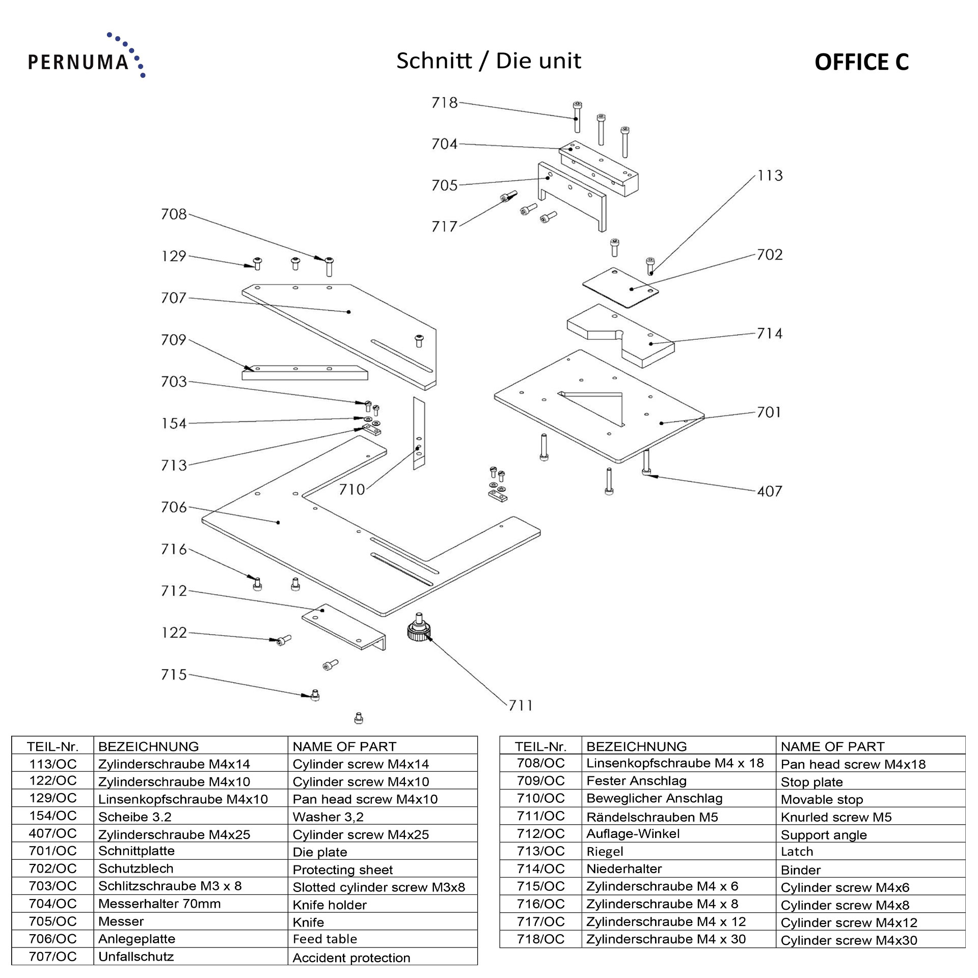 Explosionszeichnung der Schneideinheit der PERNUMA OFFICE C mit Schnittplatte, Messerhalter, Messer, Anschlägen, Niederhalter und Befestigungselementen.