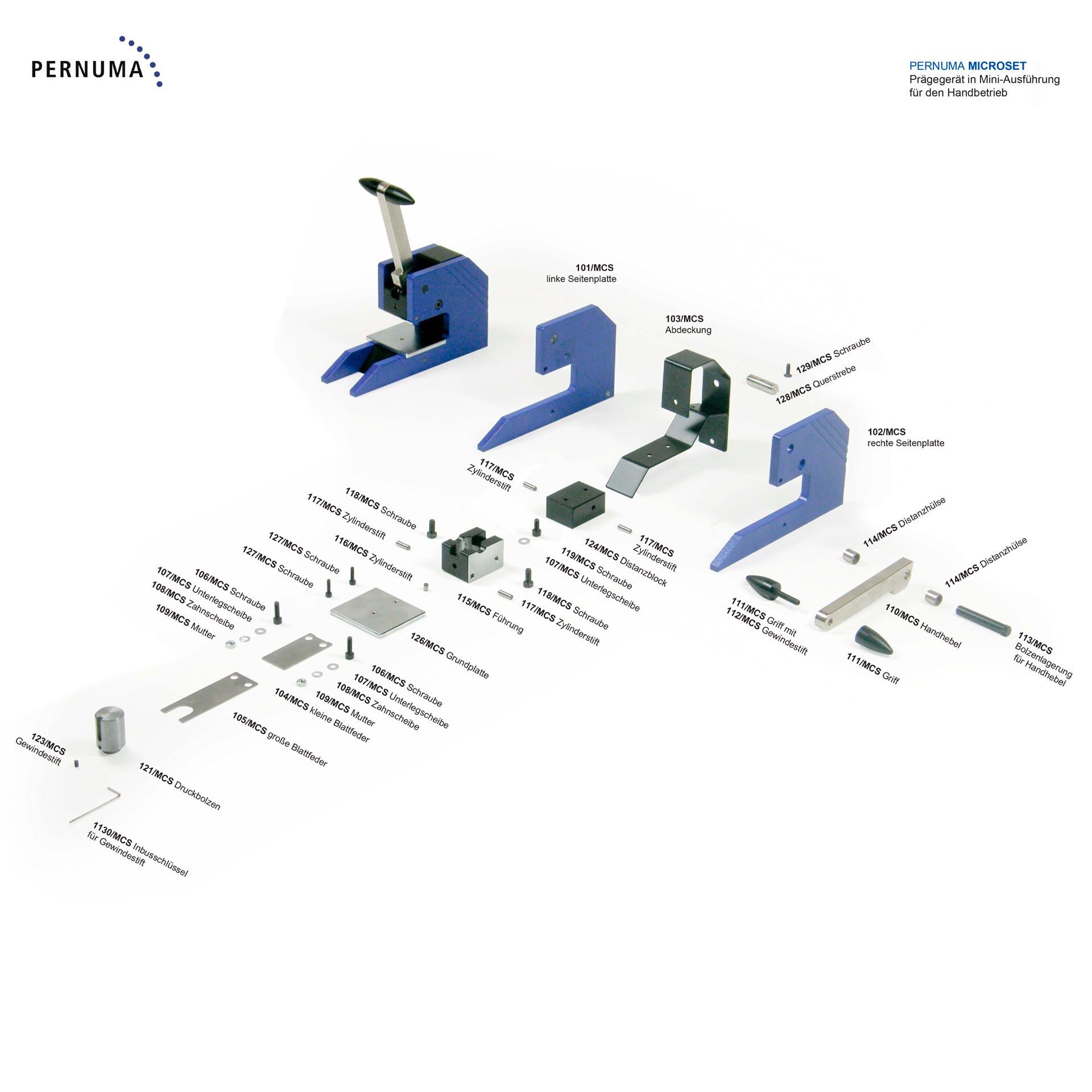 Ersatzteilliste PERNUMA MICROSET – Titelblatt Titelblatt der Ersatzteilliste für das PERNUMA MICROSET Prägegerät in Mini-Ausführung für den Handbetrieb mit Produktabbildungen und Herstellerangaben.