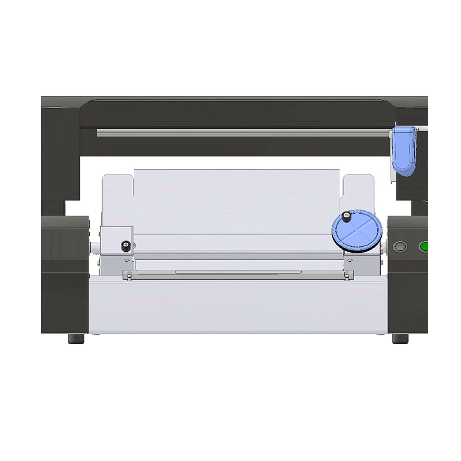 Fastbind ONE Handy Mini in Frontalansicht mit geöffneter Buchauflage, blauem Handrad und seitlichem Bedienhebel