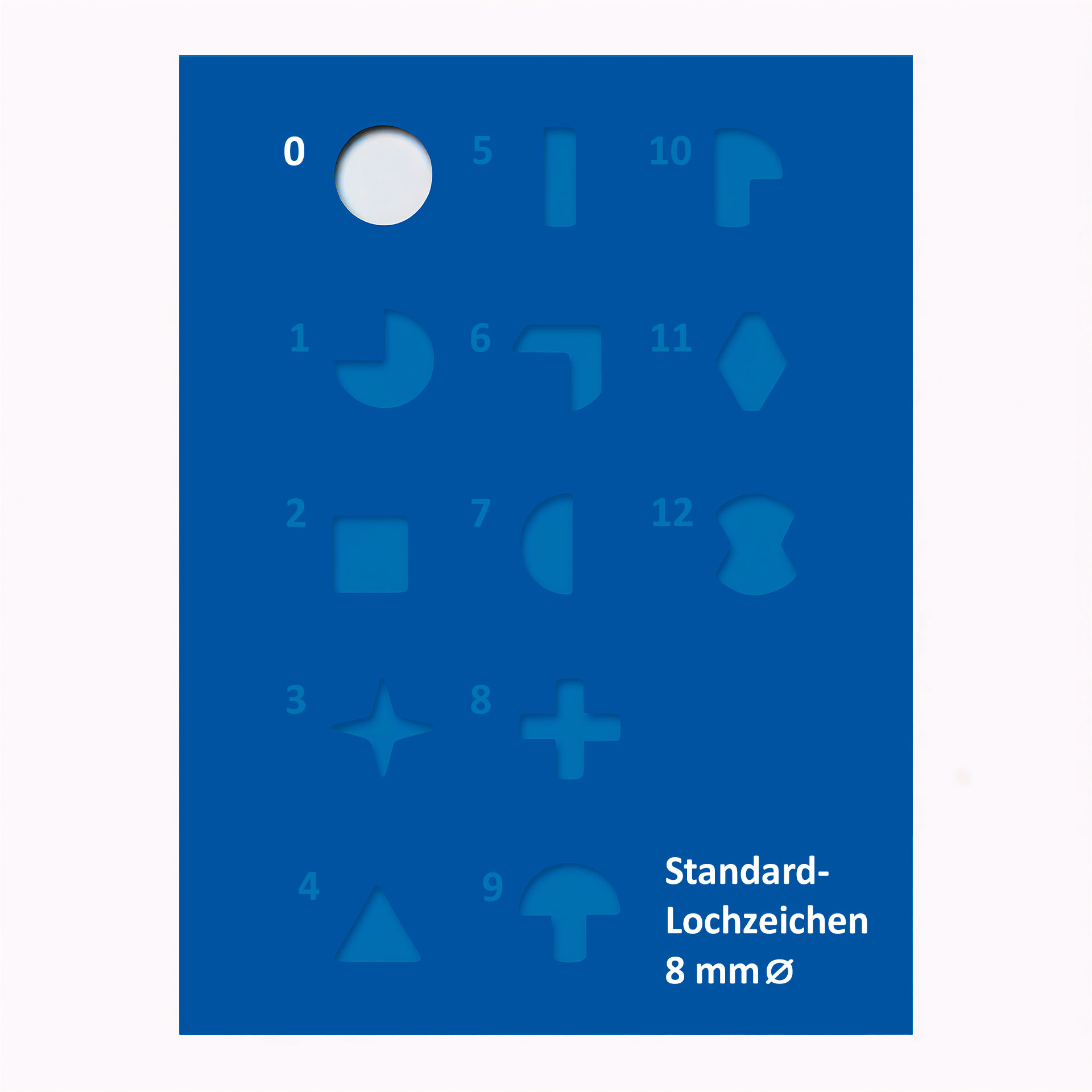 Übersichtstafel mit verschiedenen 8-mm-Lochzeichen; hervorgehoben ist das Symbol Nr. 0 als runder Kreis.