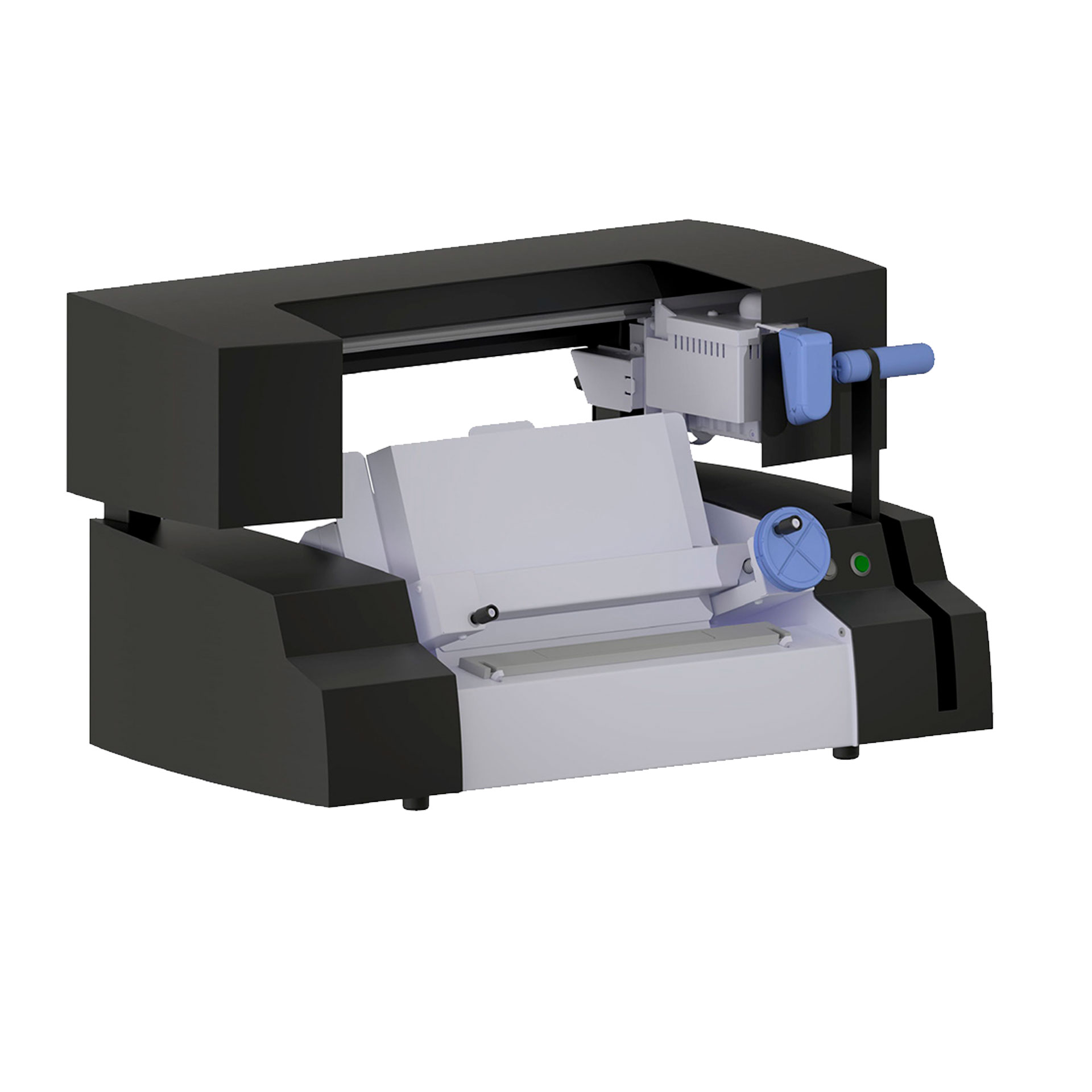Manueller Hotmelt-Heißklebebinder Fastbind ONE Handy Mini für DIN A4, schräg von vorn mit geöffneter Buchauflage und seitlichem Bedienhebel