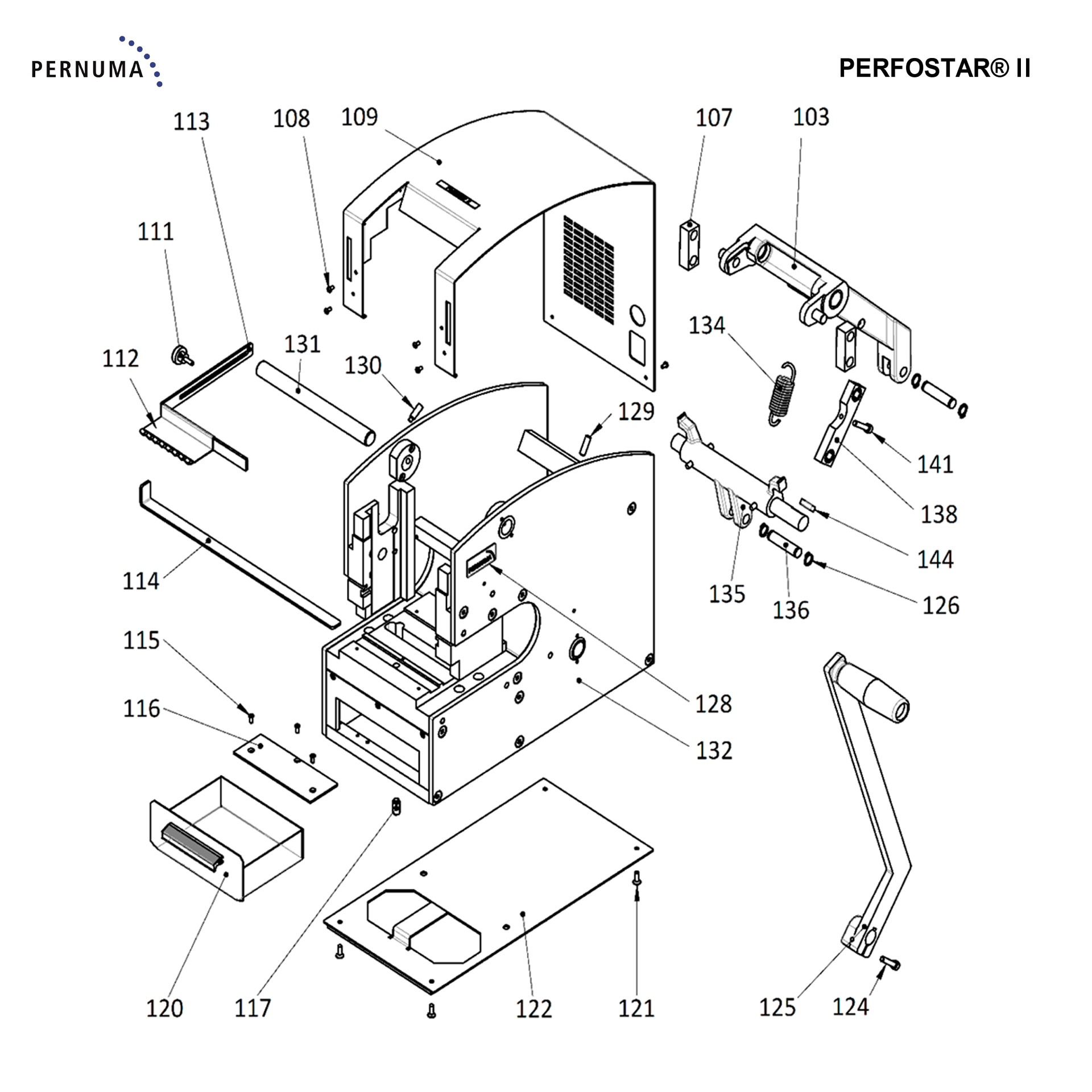 PERNUMA PERFOSTAR® II Abdeckhaube – Explosionszeichnung Explosionszeichnung der Abdeckhaube der PERNUMA PERFOSTAR® II mit Befestigungsschrauben, Führungselementen und seitlichen Aufnahmebohrungen zur Identifikation der Gehäuseabdeckung.