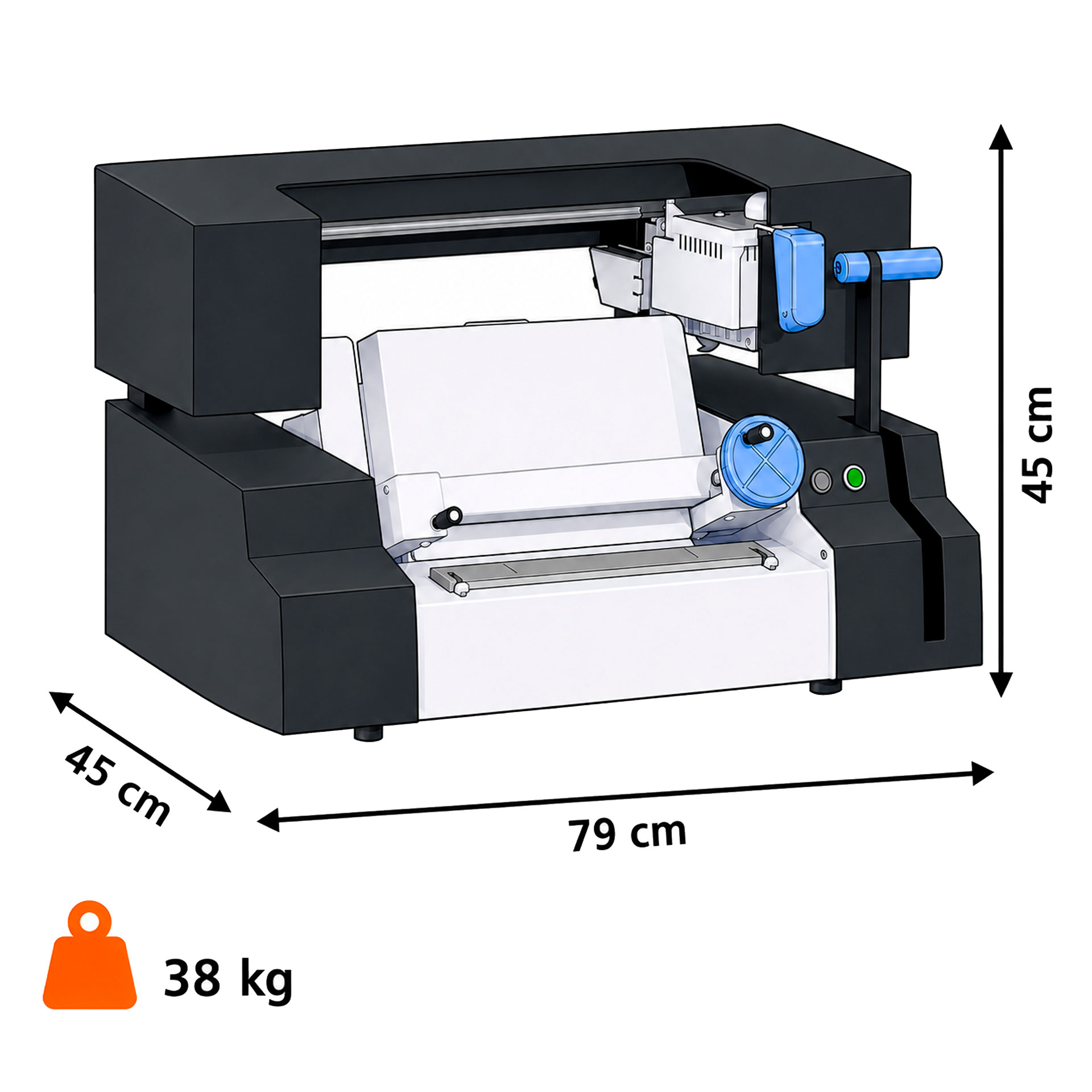 Maßgrafik des Fastbind ONE Handy Mini: 79 cm breit, 45 cm tief, 45 cm hoch und 38 kg schwer