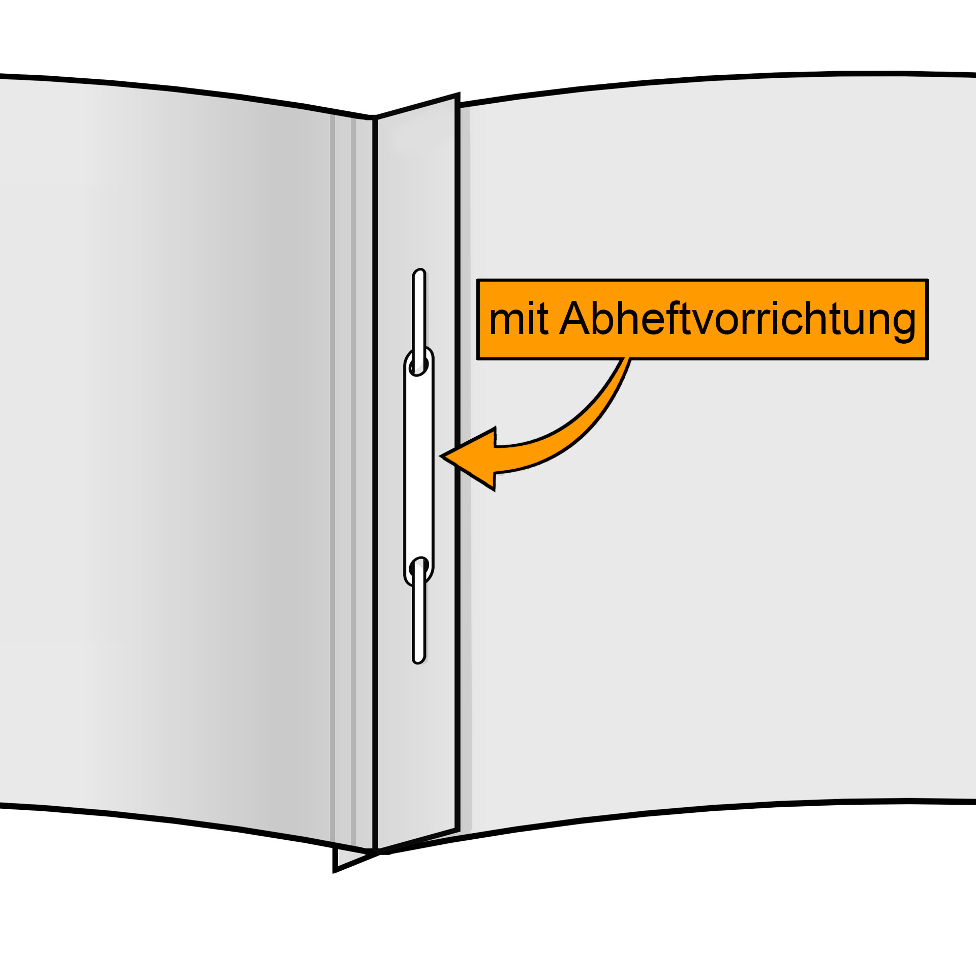 Grafik/Detailansicht: Ansicht innen von Präsentationsmappe, Bindemappe & Vertragsmappe mit Abheftvorrrichtung und Cover aus Karton im Querformat.