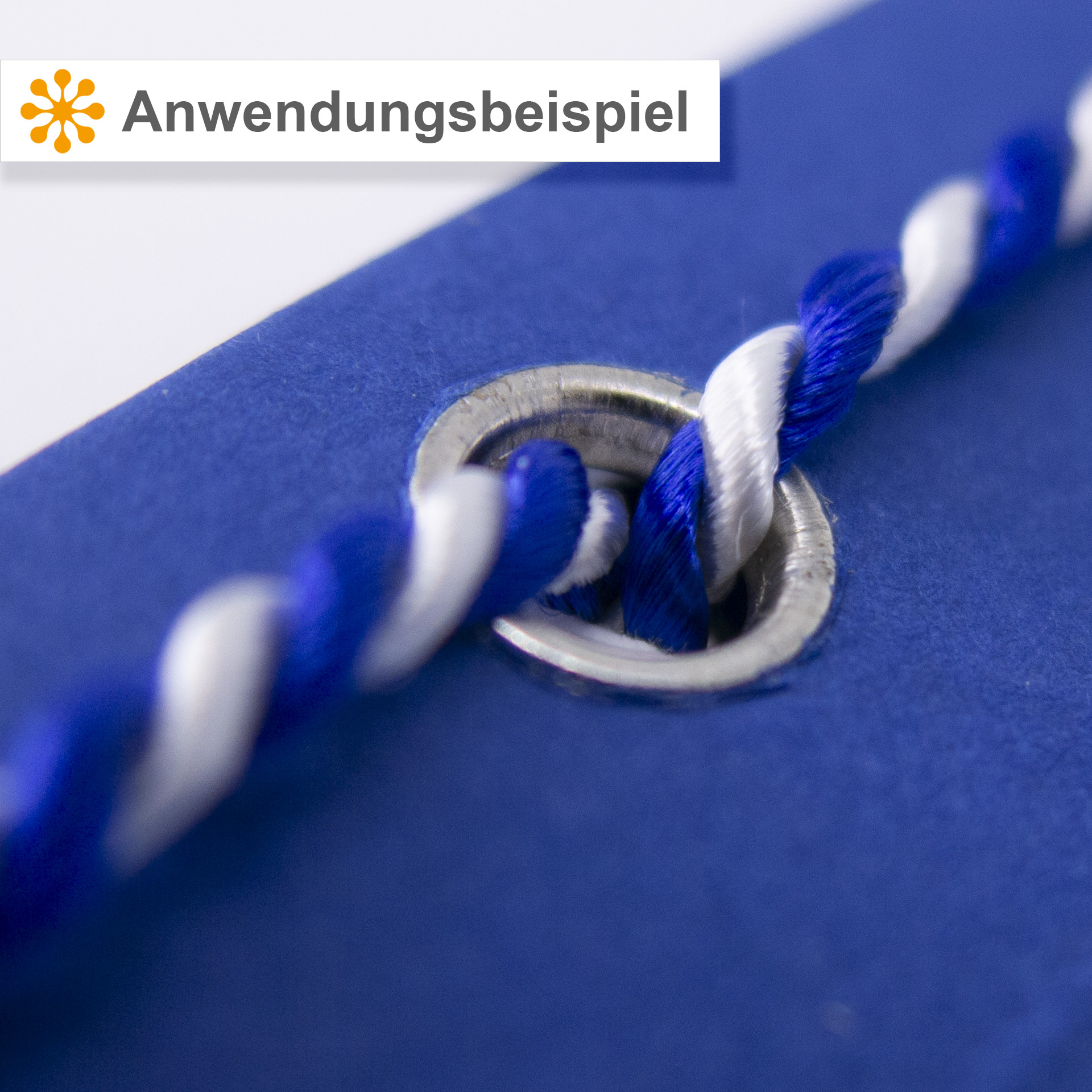 Anwendungsbeispiel Kordelschnur Blau-Weiß in einer Bindemappe Detailaufnahme einer blau-weißen Kordelschnur aus Kunstseide, die durch eine Metallöse einer blauen Bindemappe geführt wird. Das Bild zeigt die Anwendung zur dokumentenechten Bindung von Unterlagen.