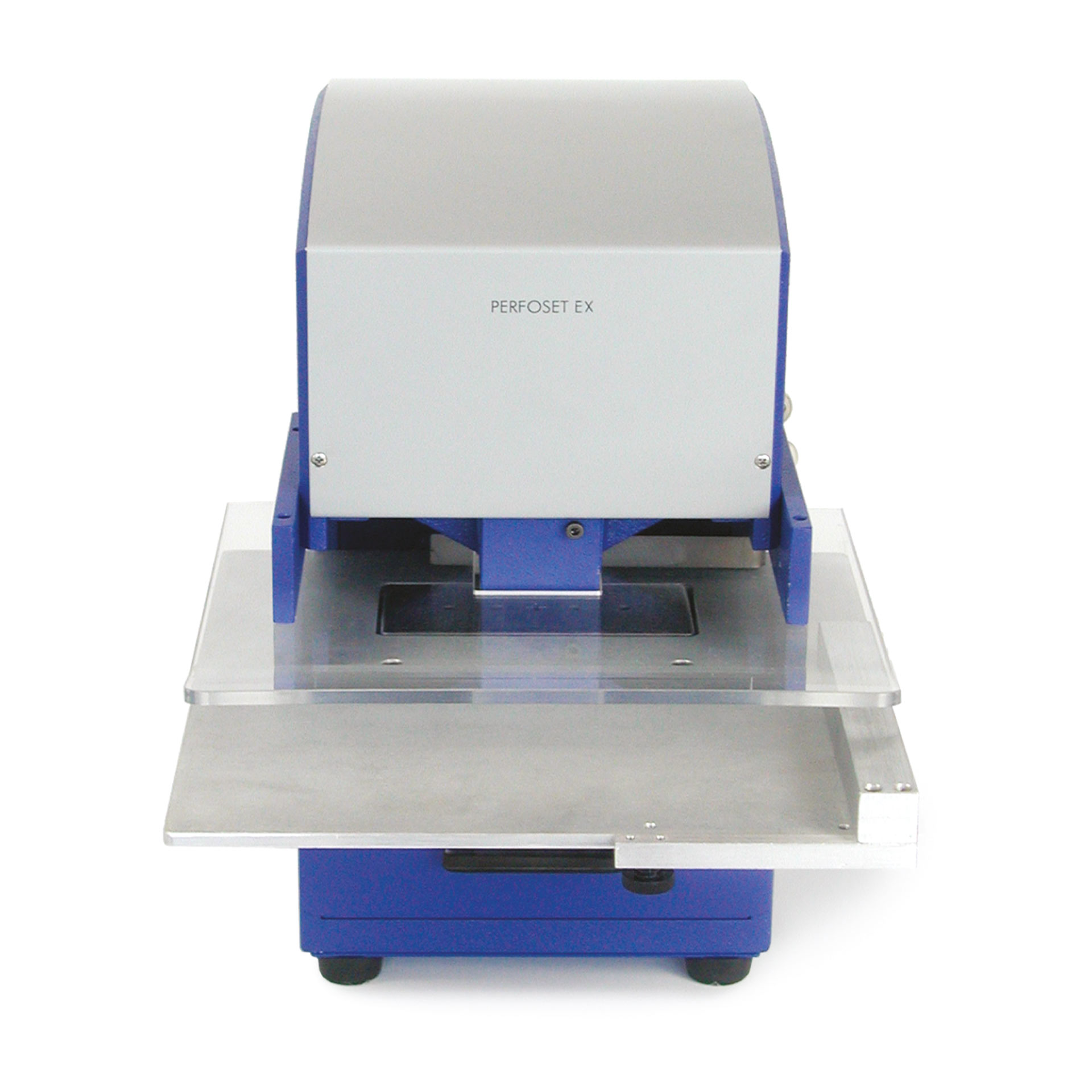 PERNUMA PERFOSET EX/L Loch-Entwertungsmaschine Frontansicht Frontansicht der elektrischen Loch-Entwertungsmaschine PERNUMA PERFOSET EX/L. Sichtbar sind der weiße Motoraufsatz mit der Aufschrift „PERFOSET EX“, der transparente Arbeitstisch sowie die darunterliegende Öffnung für den Lochstempel.