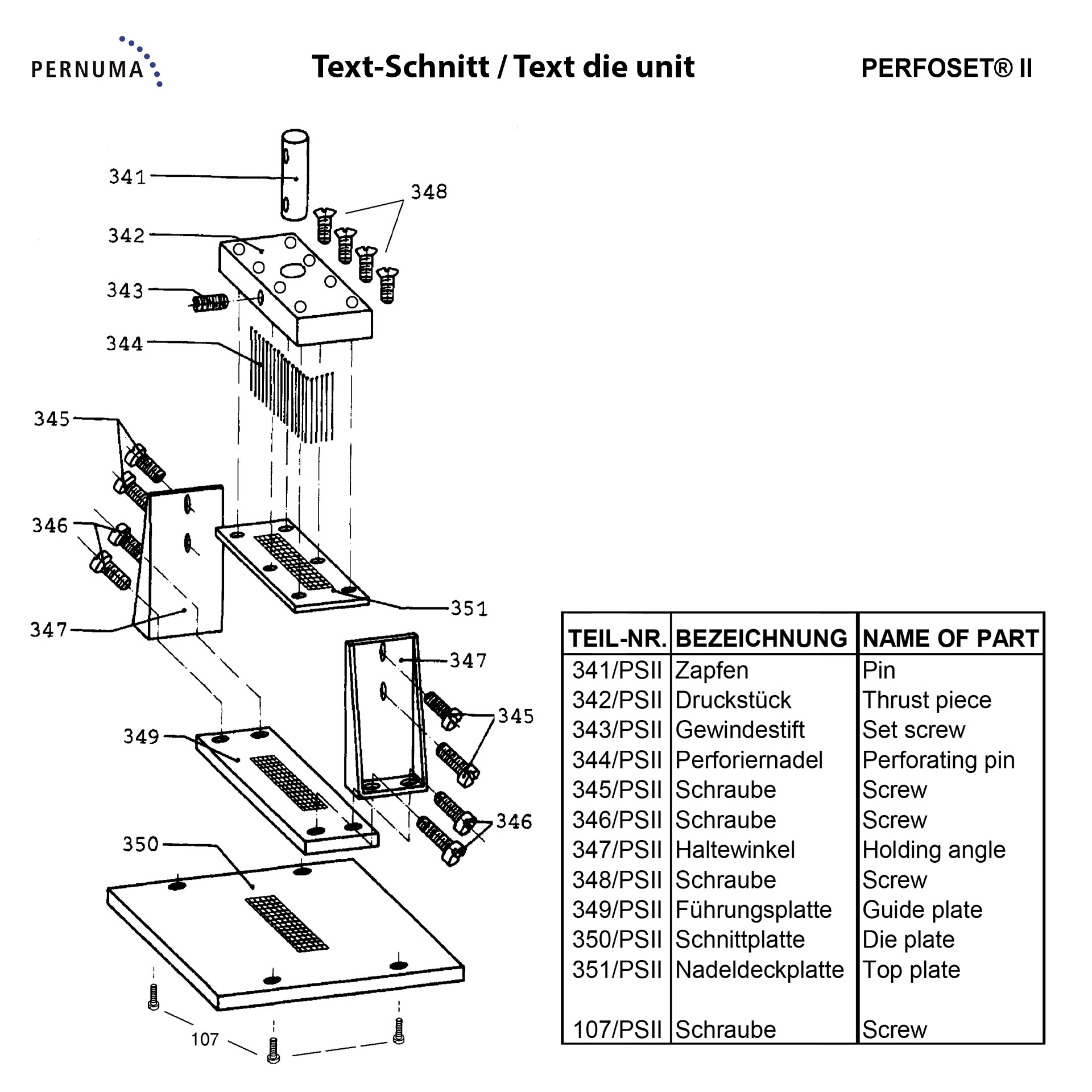 Text-Schnitt Einheit der PERNUMA PERFOSET II Explosionszeichnung der Text-Schnitteinheit der PERNUMA PERFOSET II mit Druckstück, Perforiernadeln, Führungsplatte, Schnittplatte, Nadeldeckplatte, Haltewinkeln und allen zugehörigen Schrauben.