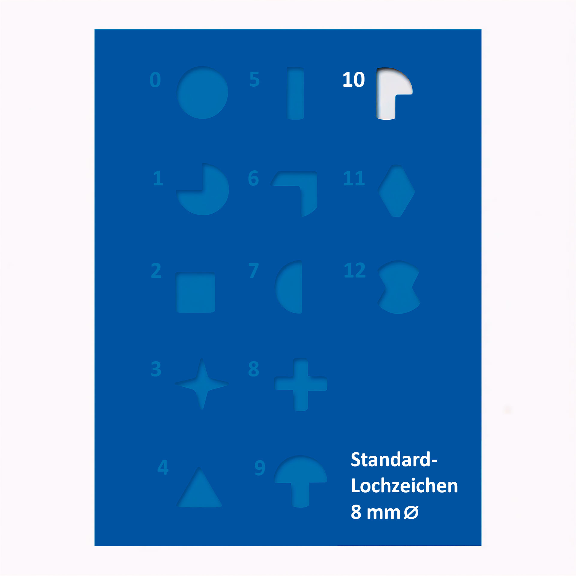 Übersichtstafel mit verschiedenen 8-mm-Lochzeichen; hervorgehoben ist das Symbol Nr. 10 als abgerundeter Winkel.
