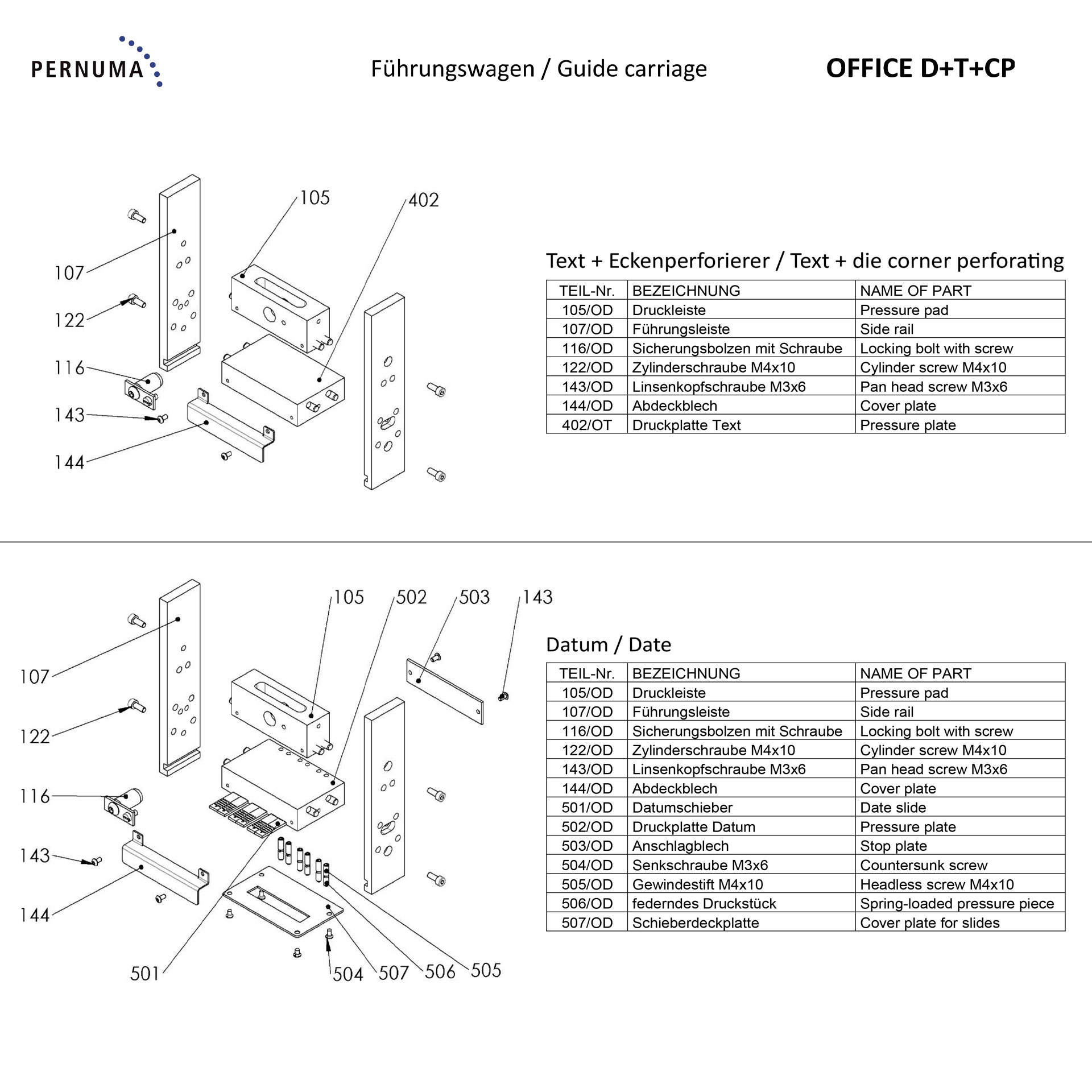 Führungswagen Baugruppe PERNUMA OFFICE D+T+CP Explosionszeichnung des Führungswagens der PERNUMA OFFICE D+T+CP für Text-, Datum- und Eckenperforation mit Druckleisten, Führungsleisten, Druckplatten und Sicherungselementen.