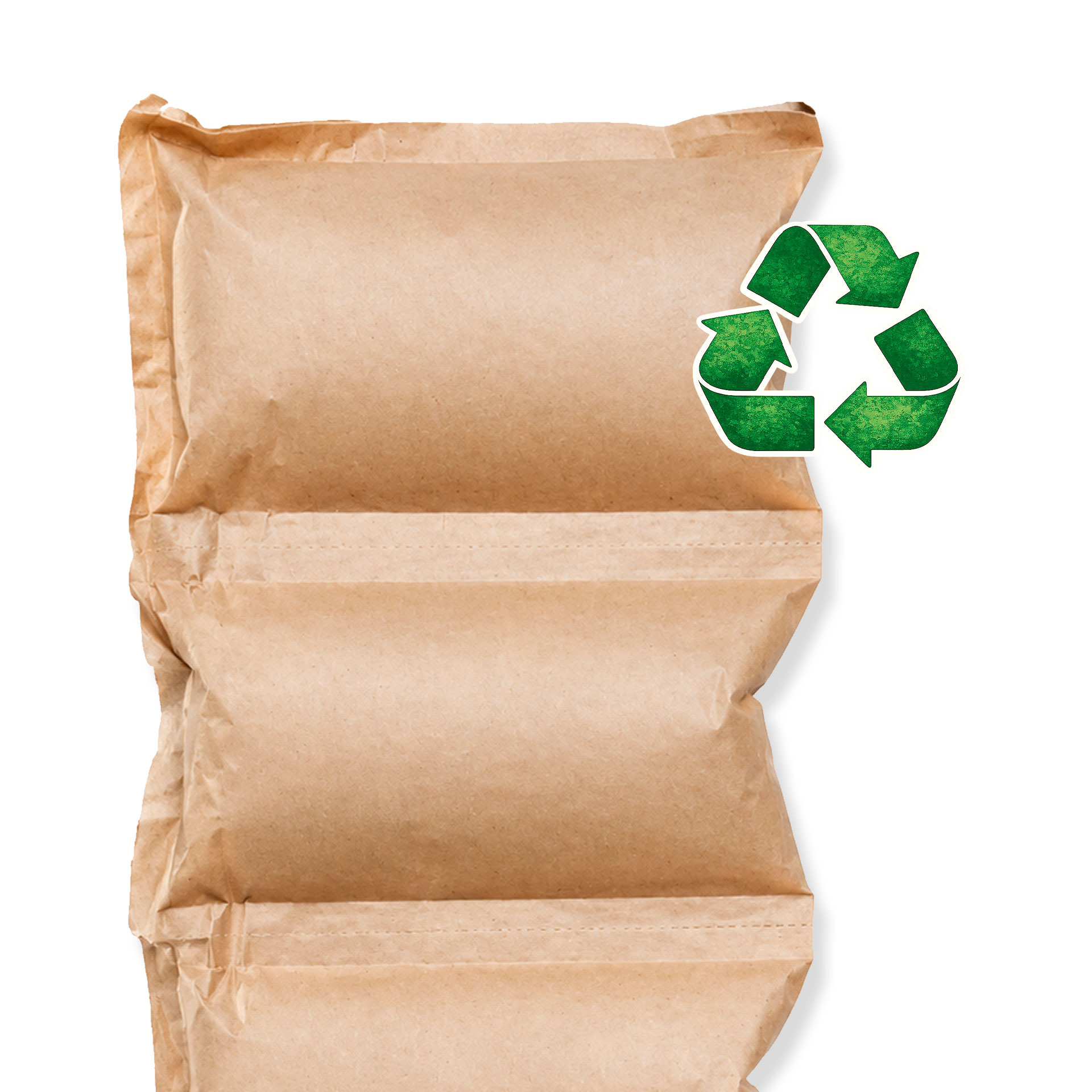 Luftkissen aus Recyclingpapier Detailansicht Detailansicht von zwei aufgeblasenen, eckigen Luftkissen aus Recyclingpapier. Daneben befindet sich ein Recycling-Symbol als Hinweis auf das verwendete Recyclingpapier.