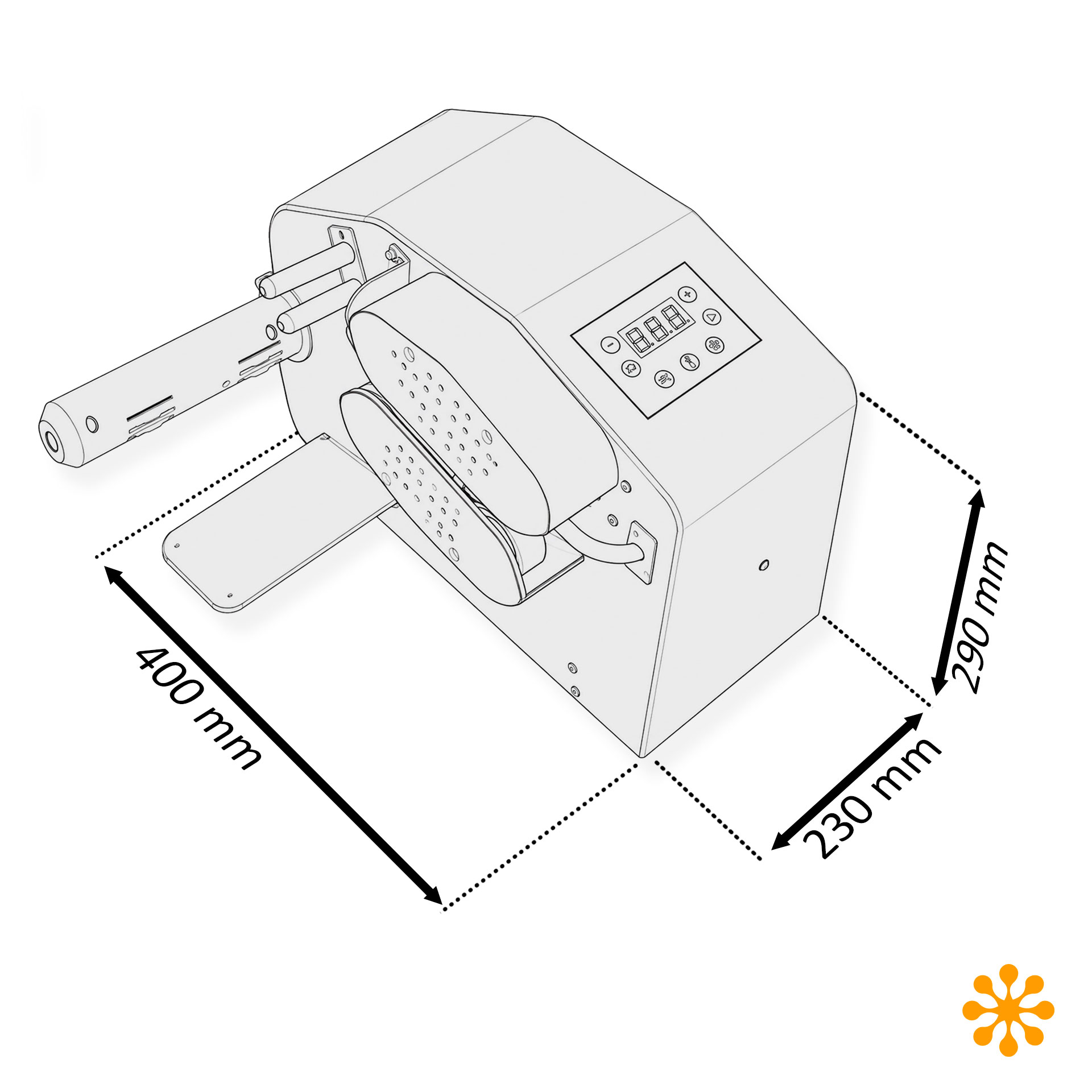 Technische Zeichnung der LMG Luftpolstermaschine AWPACK-004 mit Maßangaben von 400 × 230 × 290 mm.