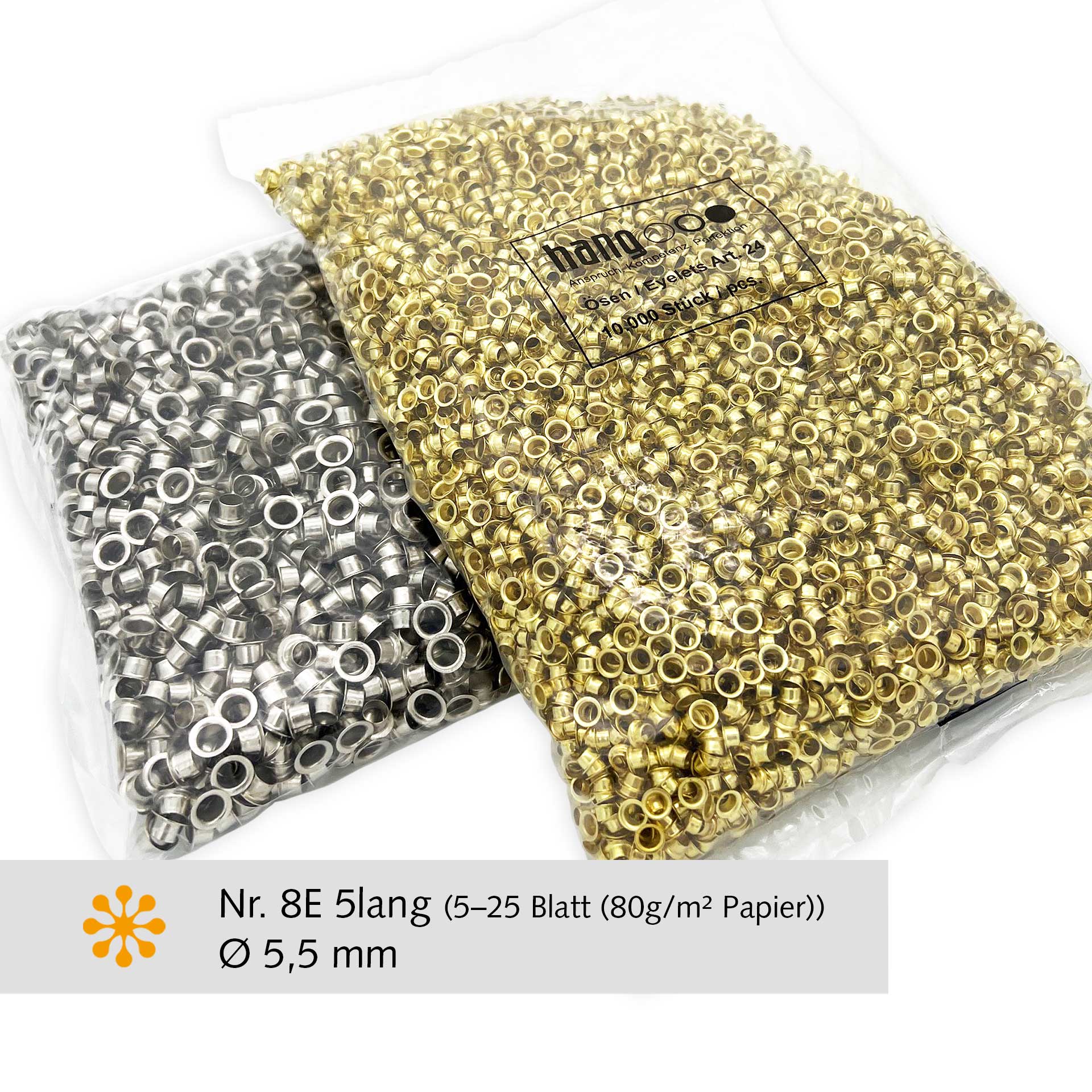 HANG Ösen Nr. 8E 5lang, Eisen-vernickelt, 5.000 Stk. (für HANG Ösmaschine / Ösapparat / Ösgerät) HANG Ösen Nr. 8E 5lang, Eisen-vernickelt, 5.000 Stk. (für HANG Ösmaschine / Ösapparat / Ösgerät)