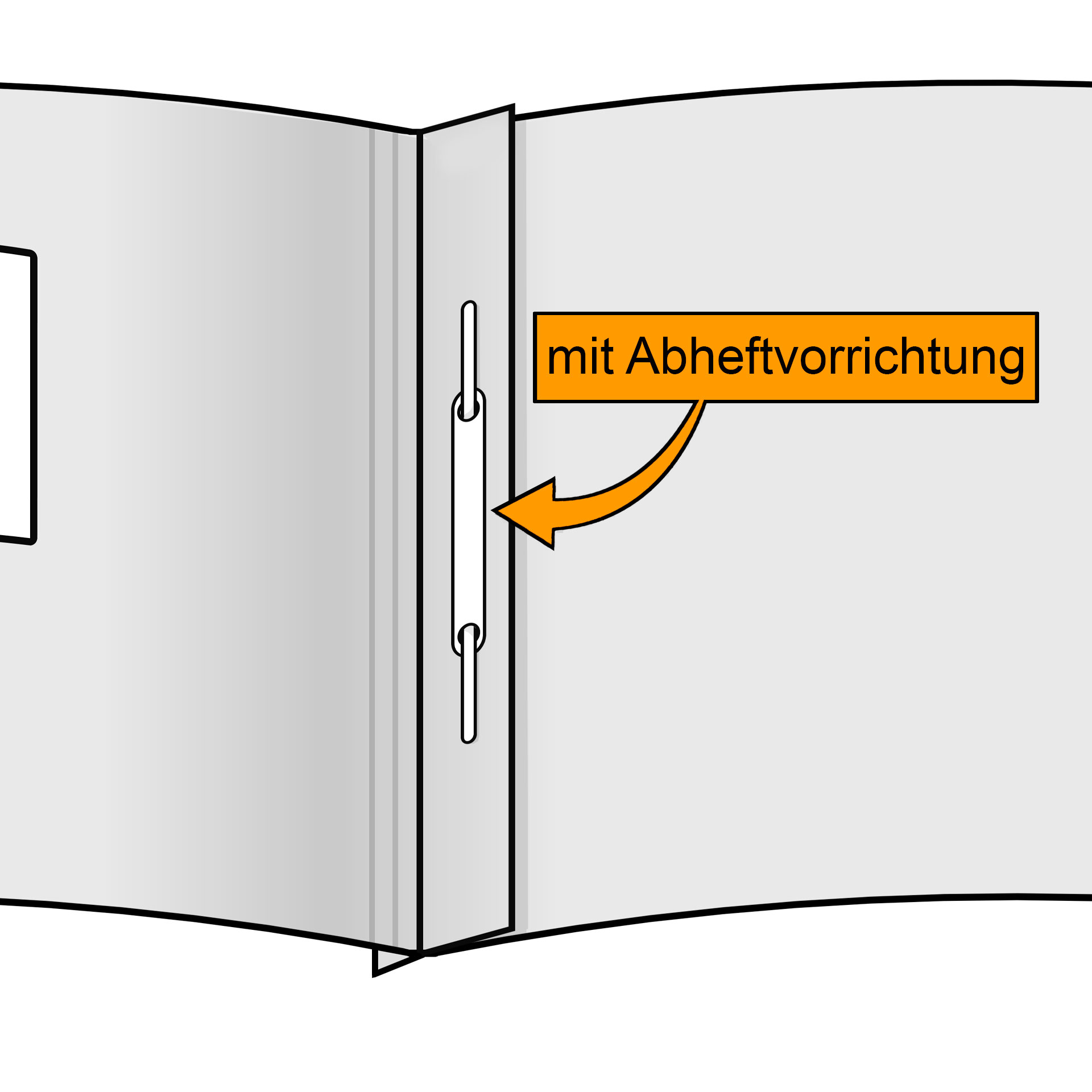 Ansicht innen von Präsentationsmappe, Bindemappe & Vertragsmappe mit Abheftvorrrichtung und Fenster-Stanzung. Grafik/Detailansicht: Ansicht innen von Präsentationsmappe, Bindemappe & Vertragsmappe mit Abheftvorrrichtung und Fenster-Stanzung.